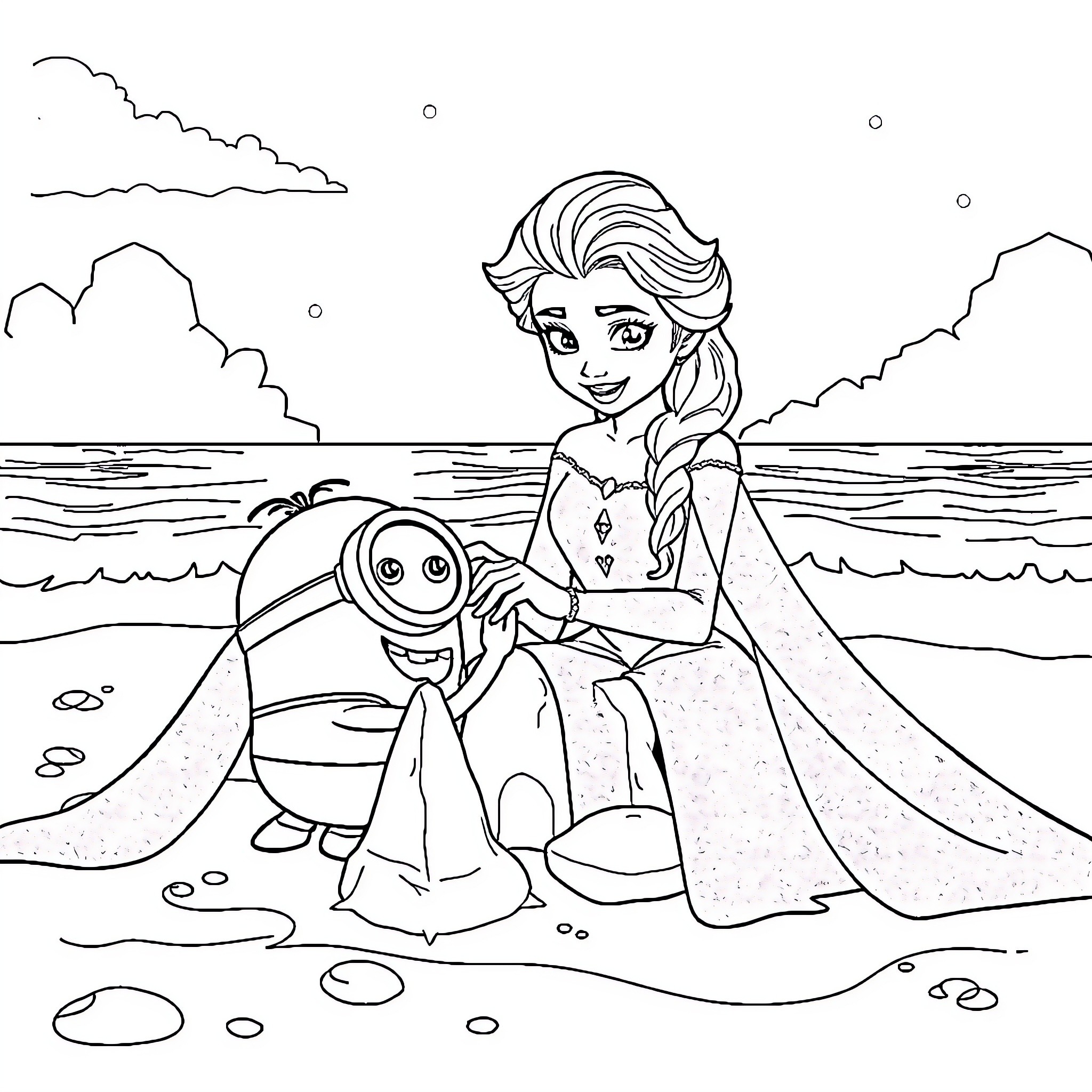 Elsa playing on the beach with her snowman friend Coloring Page (free black-and-white line drawing printable PDF for all, from beginners to advanced learners, including children, teens, adults, and seniors)