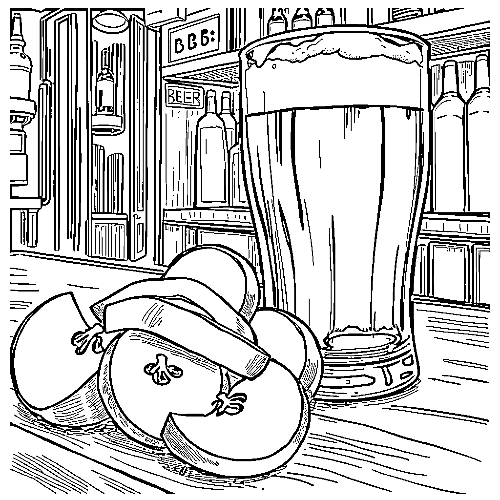 Apple Apples and Beer in Pub Scene Coloring Page (free black-and-white line drawing printable PDF for all, from beginners to advanced learners, including children, teens, adults, and seniors)