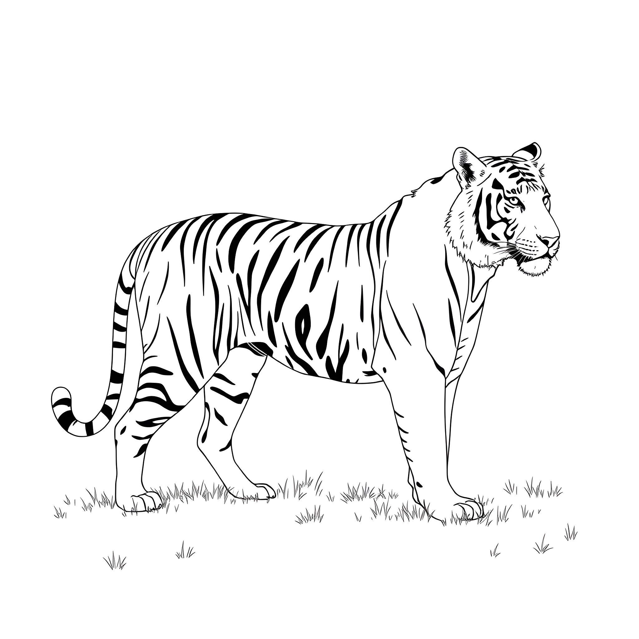 Tiger standing on the grass Coloring Page (free black-and-white line drawing printable PDF for all, from beginners to advanced learners, including children, teens, adults, and seniors)