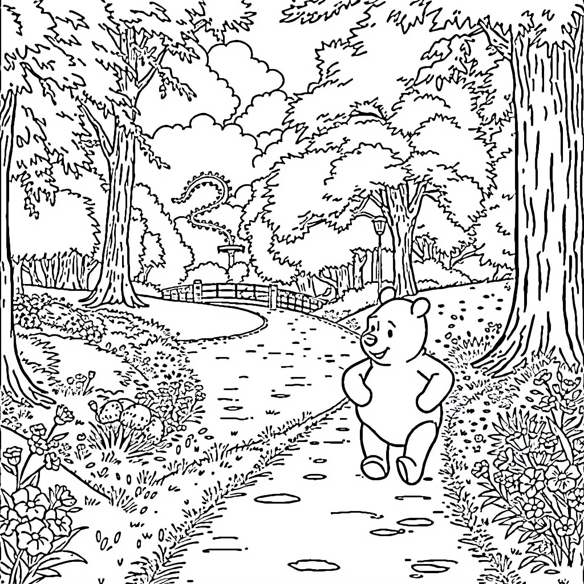 Winnie The Pooh Explores the Enchanting Forest Landscape Coloring Page (free black-and-white line drawing printable PDF for all, from beginners to advanced learners, including children, teens, adults, and seniors)