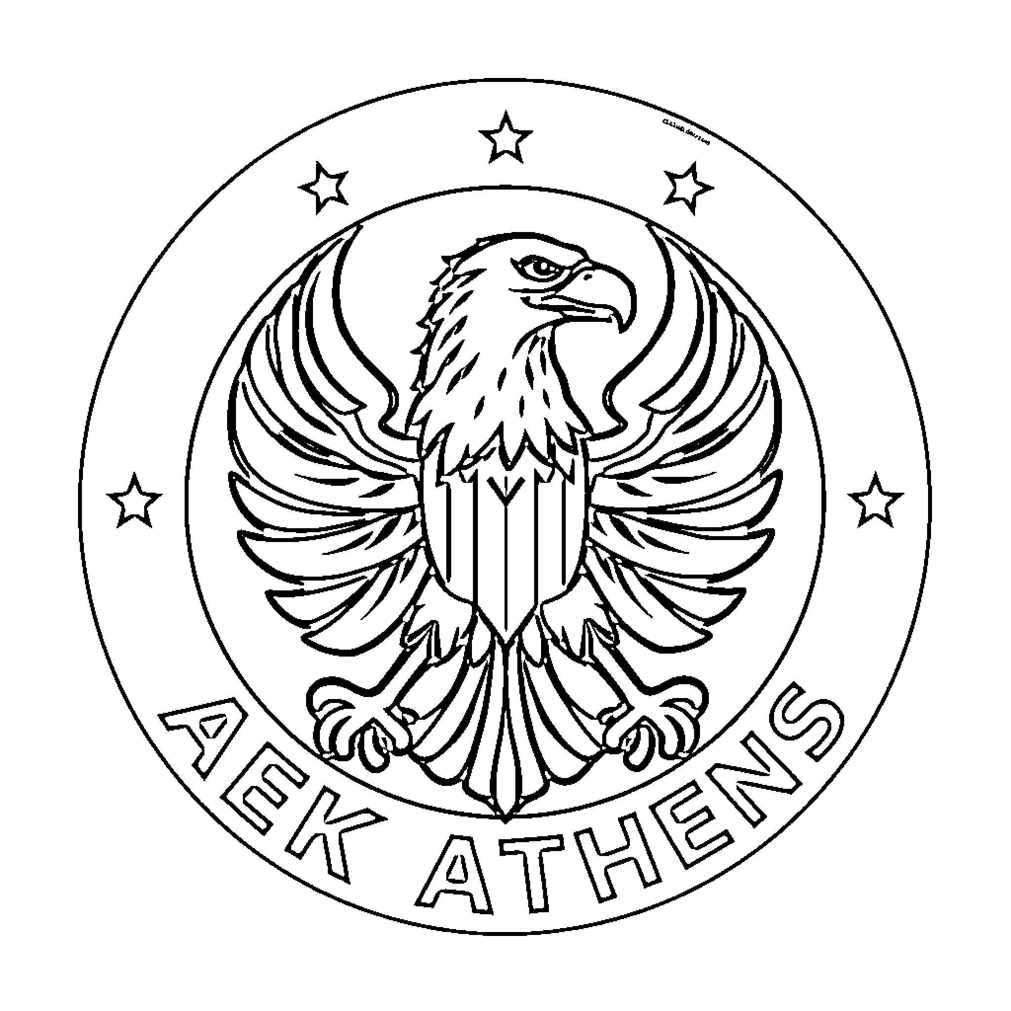 AEK Athens emblem with fierce eagle symbol Coloring Page (free black-and-white line drawing printable PDF for all, from beginners to advanced learners, including children, teens, adults, and seniors)