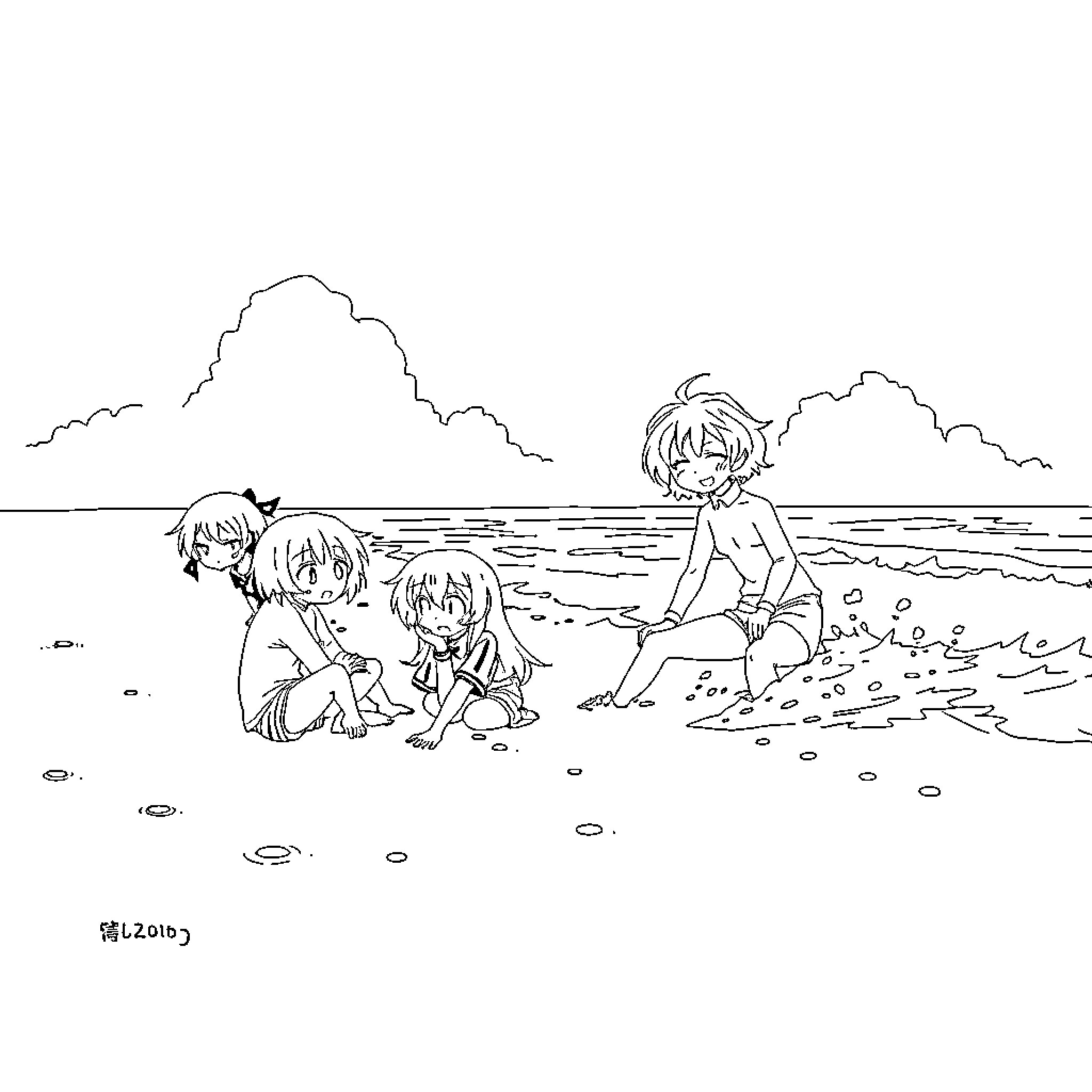 Character Group Playing on the Beach Coloring Page (free black-and-white line drawing printable PDF for all, from beginners to advanced learners, including children, teens, adults, and seniors)