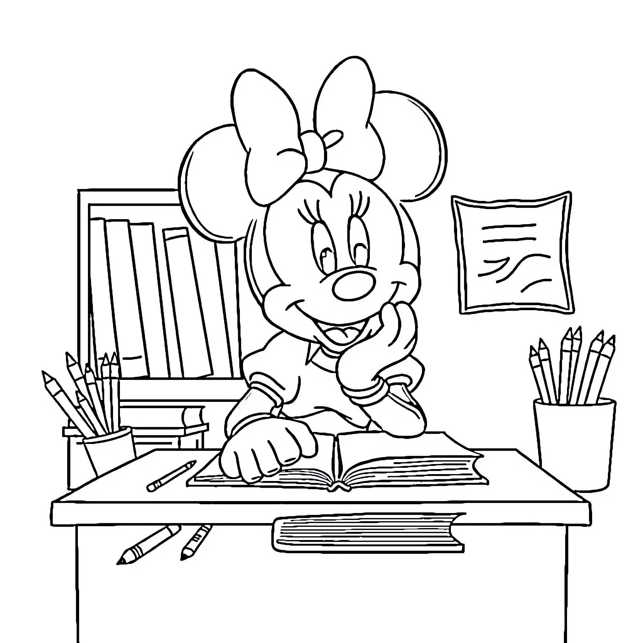 Minnie Mouse studying diligently at her desk Coloring Page (free black-and-white line drawing printable PDF for all, from beginners to advanced learners, including children, teens, adults, and seniors)