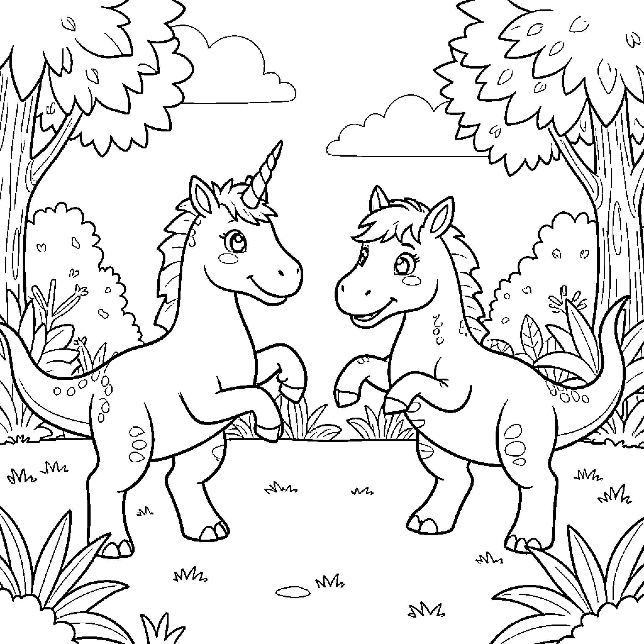 Unicorns dancing together in a magical forest clearing Coloring Page (free black-and-white line drawing printable PDF for all, from beginners to advanced learners, including children, teens, adults, and seniors)