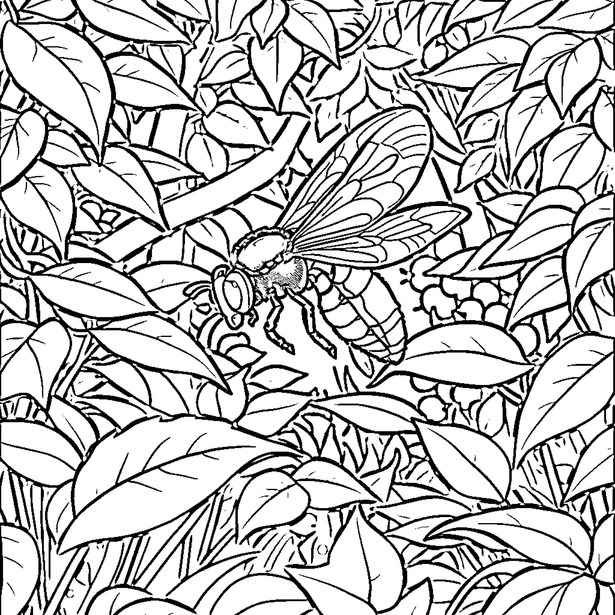 Wasp navigating through dense foliage Coloring Page (free black-and-white line drawing printable PDF for all, from beginners to advanced learners, including children, teens, adults, and seniors)