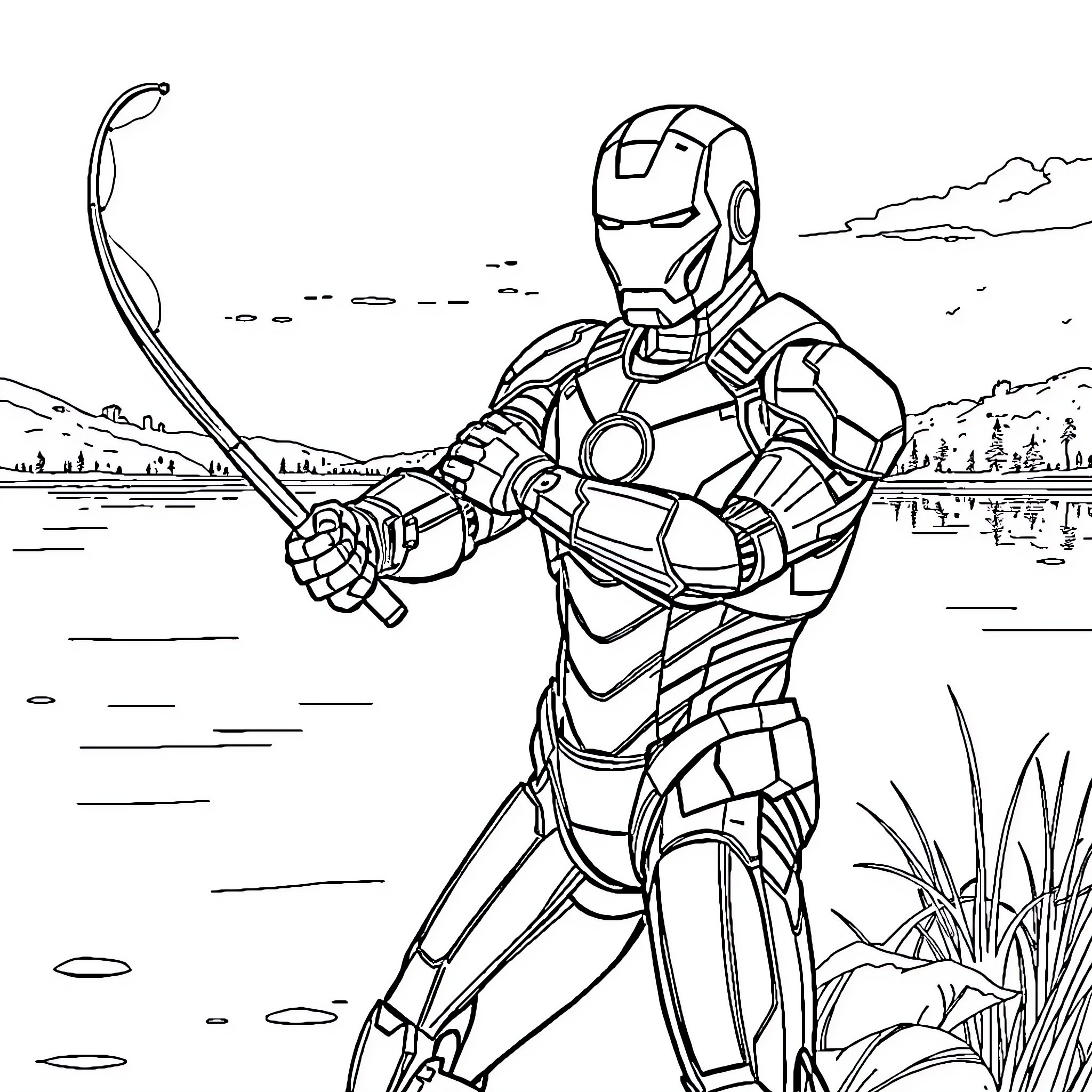 Ironman exploring nature's tranquility Coloring Page (free black-and-white line drawing printable PDF for all, from beginners to advanced learners, including children, teens, adults, and seniors)