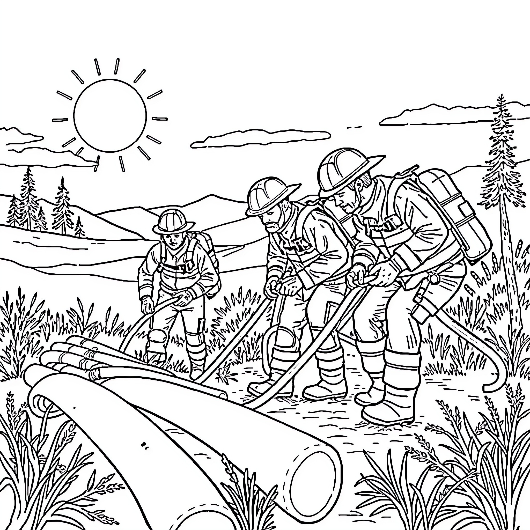 Wildland Firefighters Battling Blaze in the Wilderness Coloring Page (free black-and-white line drawing printable PDF for all, from beginners to advanced learners, including children, teens, adults, and seniors)