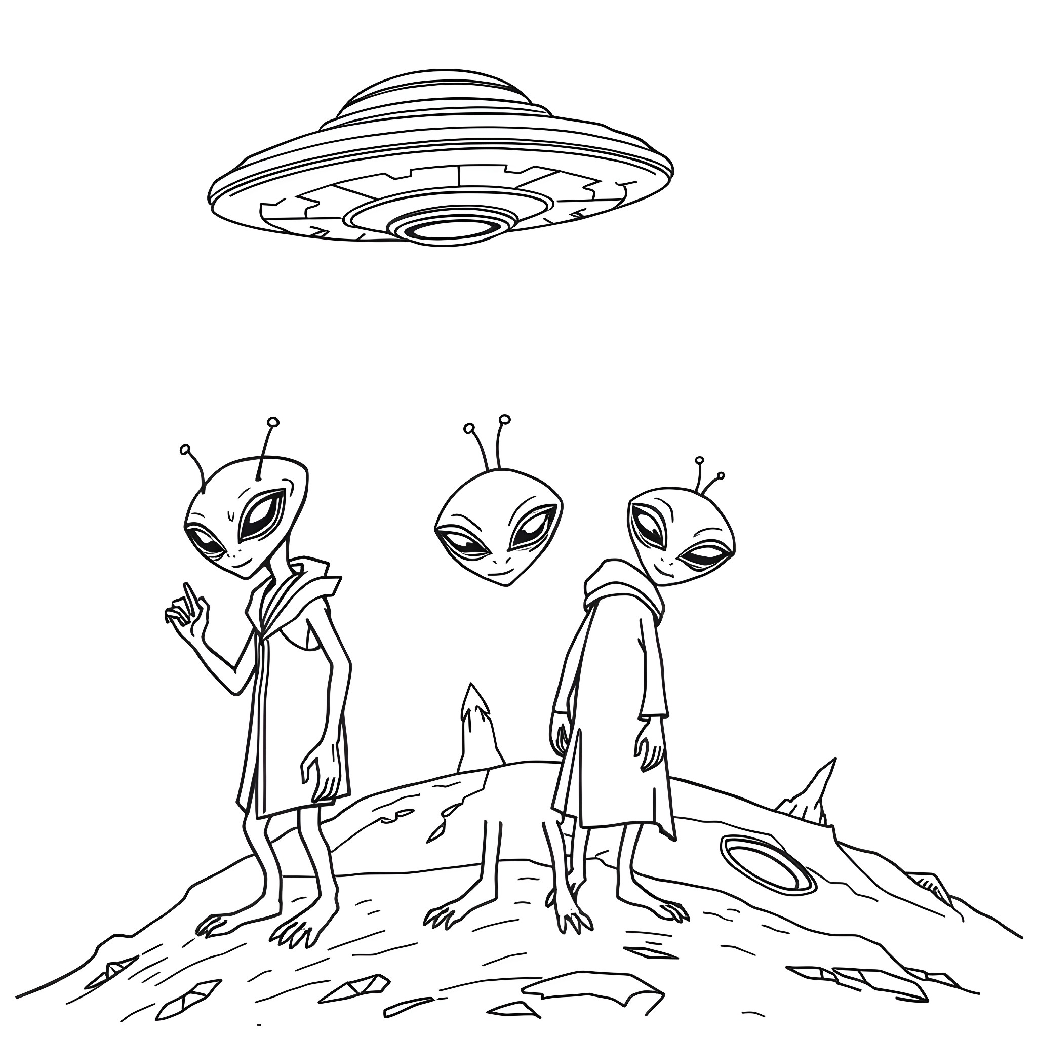 Alien spacecraft and extraterrestrial beings in the desert Coloring Page (free black-and-white line drawing printable PDF for all, from beginners to advanced learners, including children, teens, adults, and seniors)
