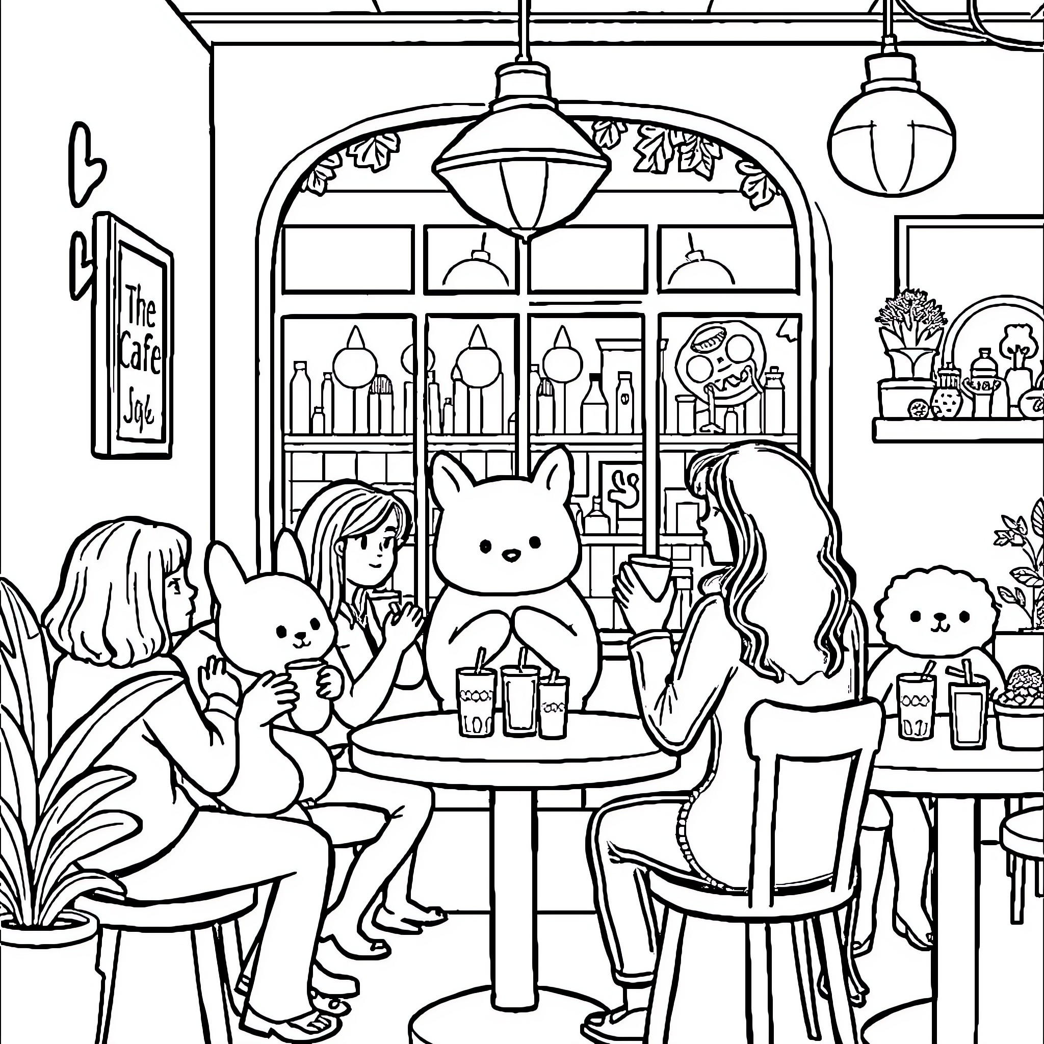 Cafe Gathering with Friends and Plush Toys Coloring Page (free black-and-white line drawing printable PDF for all, from beginners to advanced learners, including children, teens, adults, and seniors)