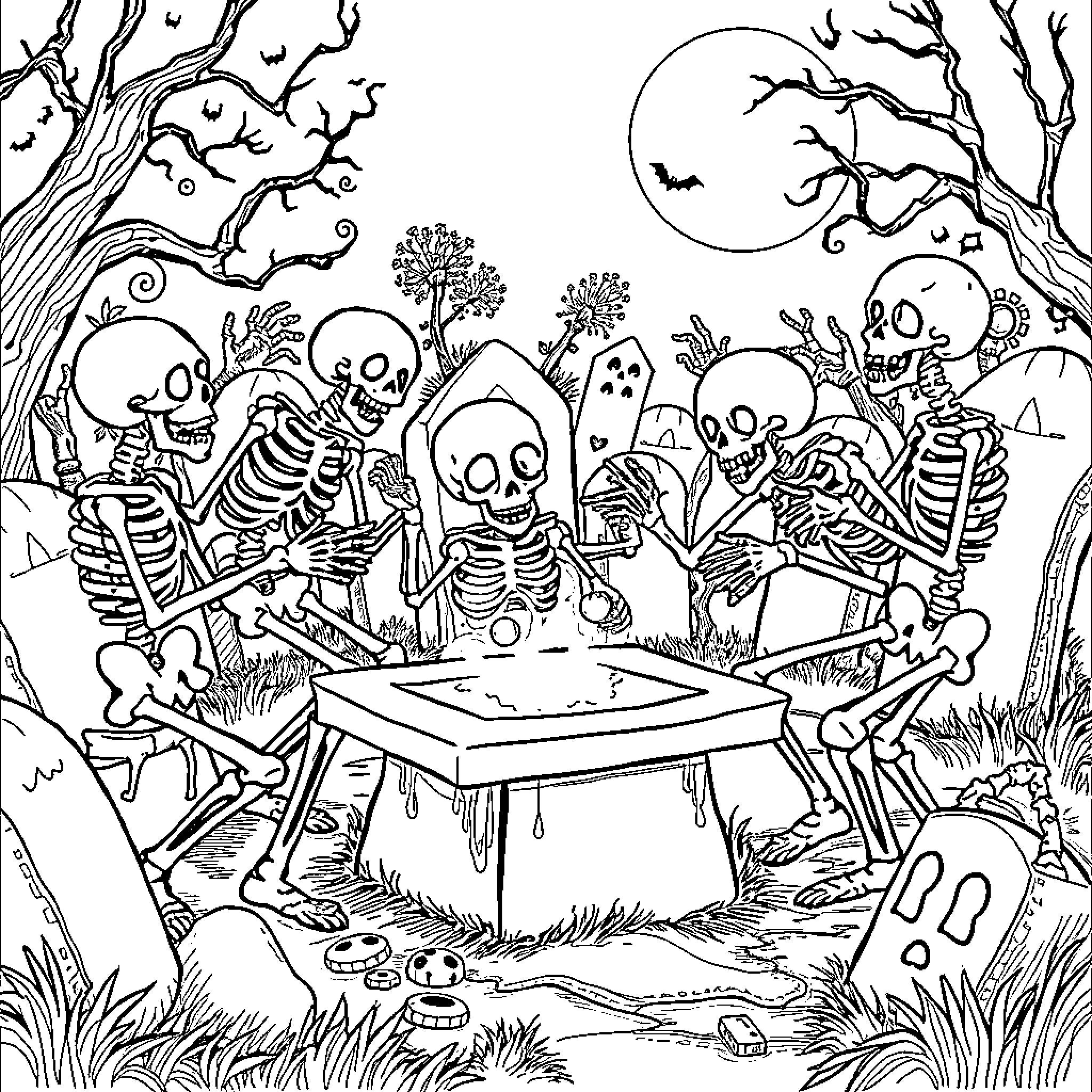 Skeleton Gathering for a Spooky Game Night Coloring Page (free black-and-white line drawing printable PDF for all, from beginners to advanced learners, including children, teens, adults, and seniors)