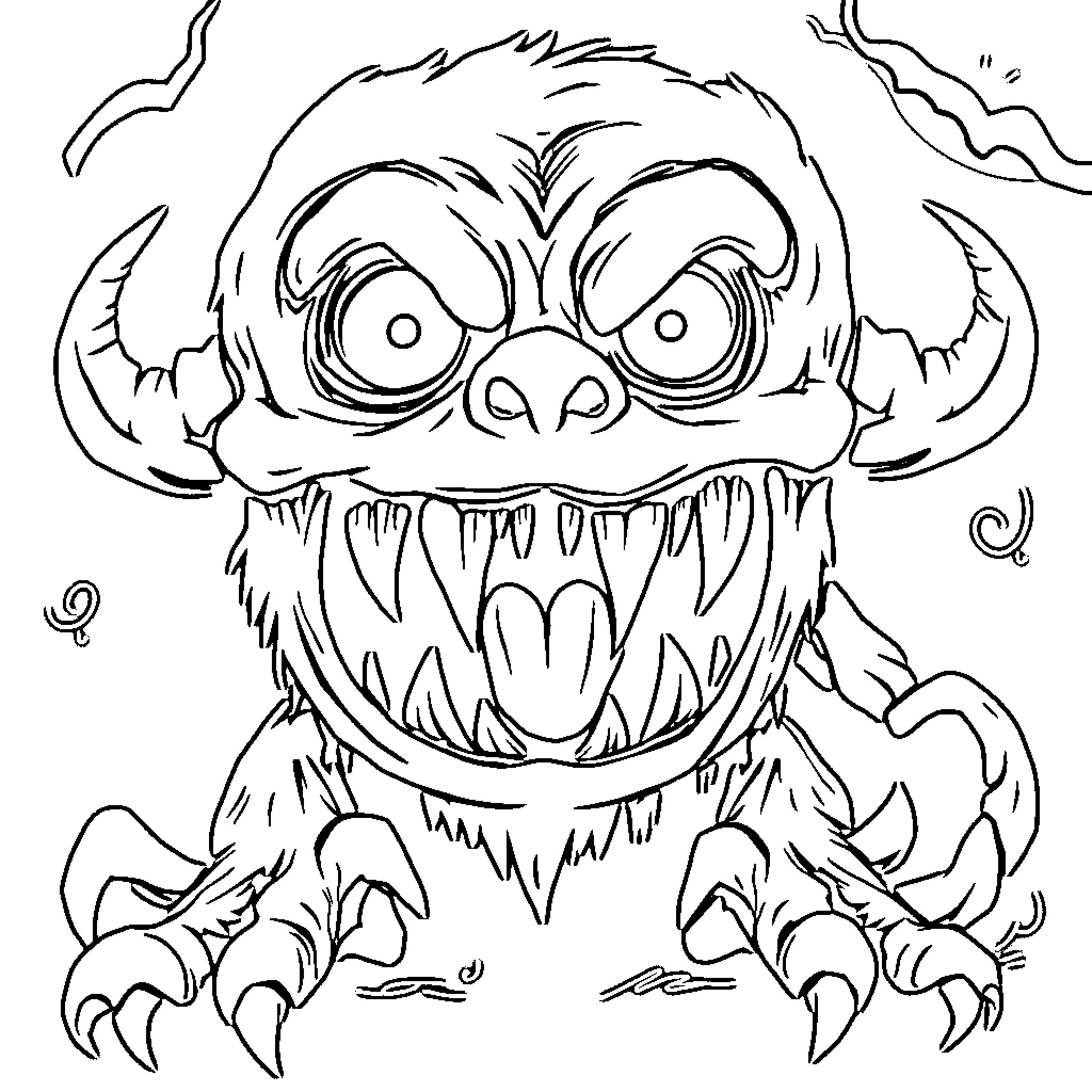 Monster with Menacing Expression and Sharp Claws Coloring Page (free black-and-white line drawing printable PDF for all, from beginners to advanced learners, including children, teens, adults, and seniors)