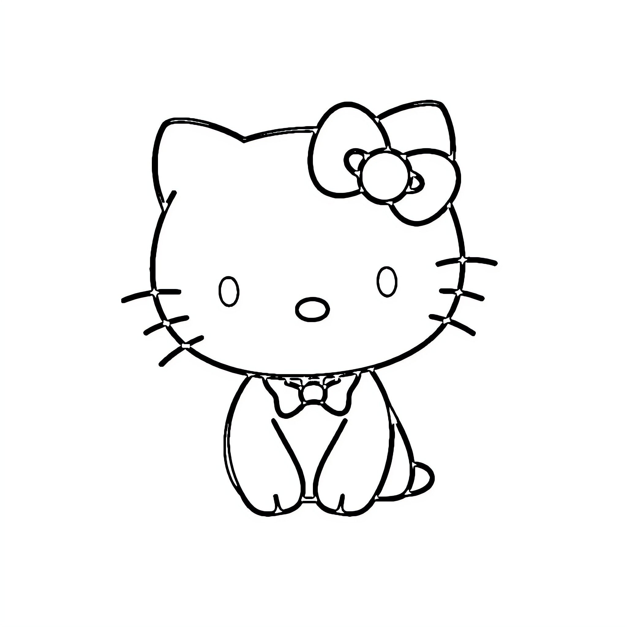 Hello Kitty sitting cutely Coloring Page (free black-and-white line drawing printable PDF for all, from beginners to advanced learners, including children, teens, adults, and seniors)