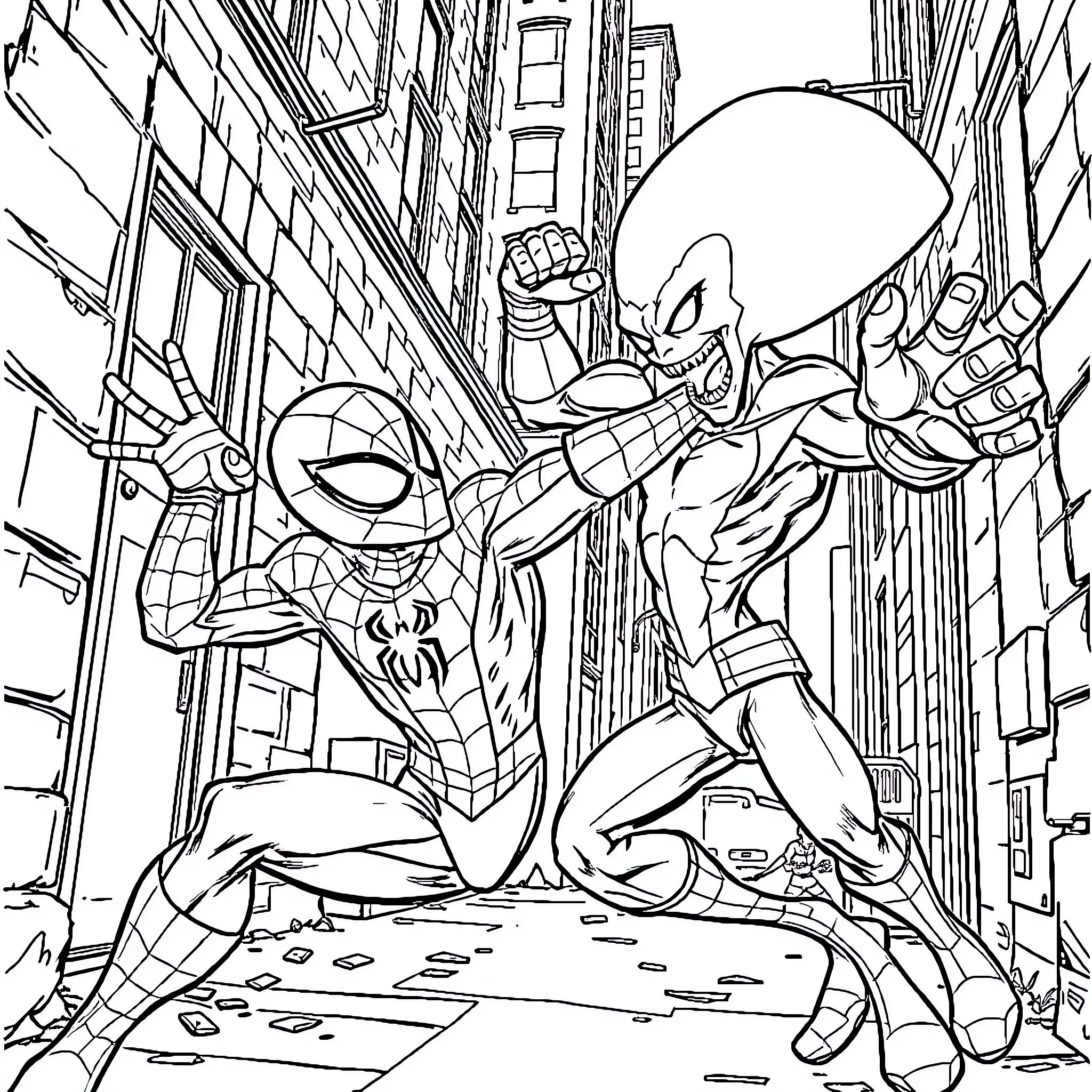 Spider-Man battles a powerful foe in the city streets Coloring Page (free black-and-white line drawing printable PDF for all, from beginners to advanced learners, including children, teens, adults, and seniors)
