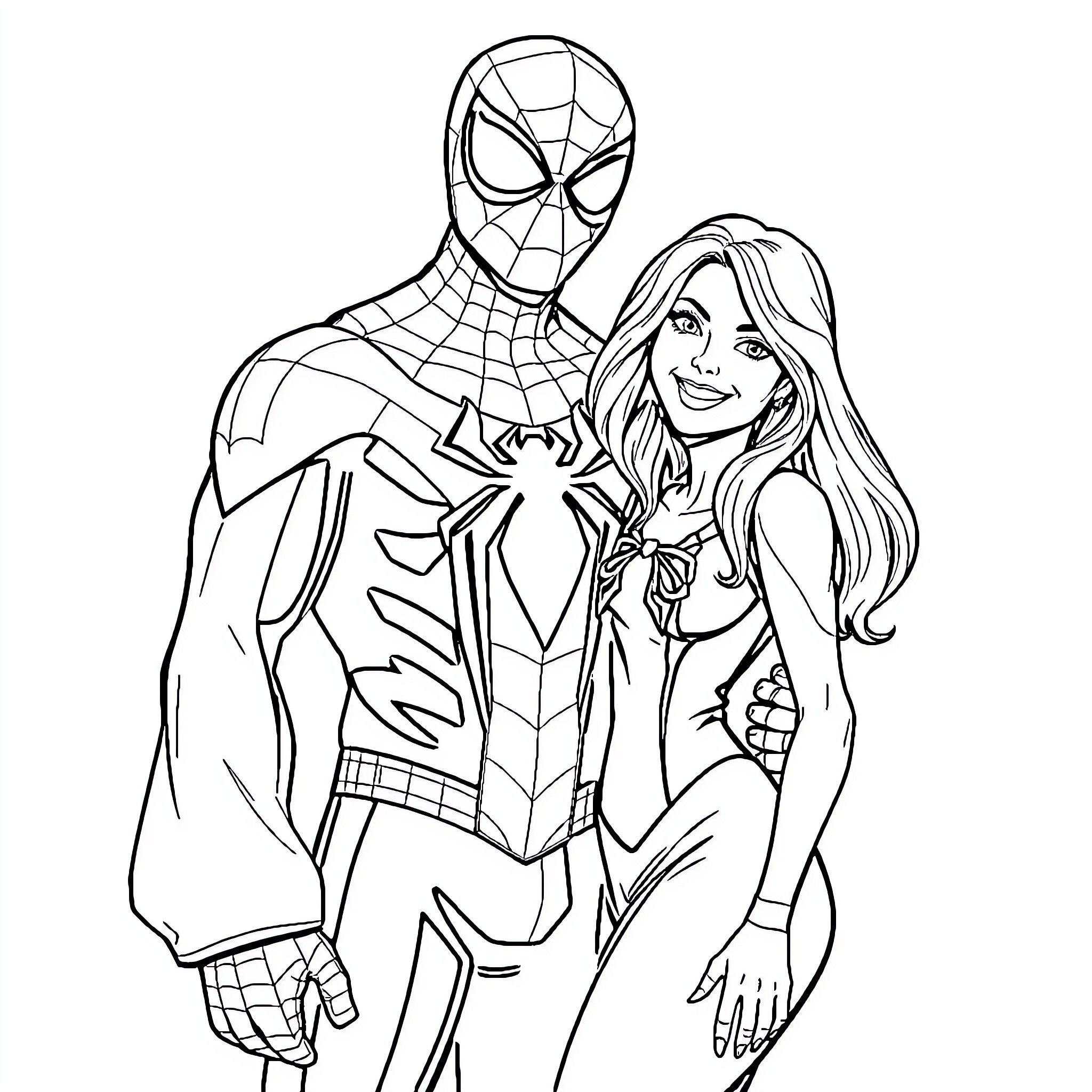 Spider-Man poses with a friendly female companion Coloring Page (free black-and-white line drawing printable PDF for all, from beginners to advanced learners, including children, teens, adults, and seniors)