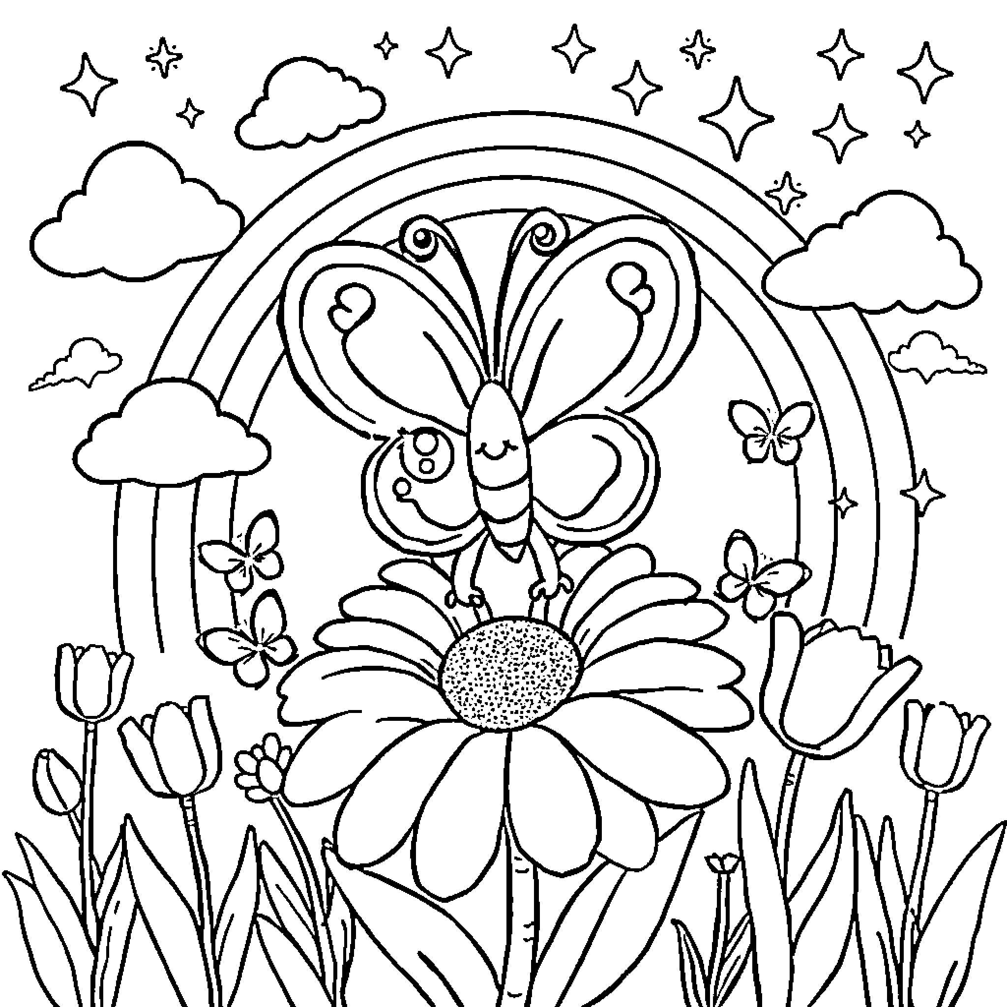 Butterfly in a Whimsical Floral Landscape Coloring Page (free black-and-white line drawing printable PDF for all, from beginners to advanced learners, including children, teens, adults, and seniors)