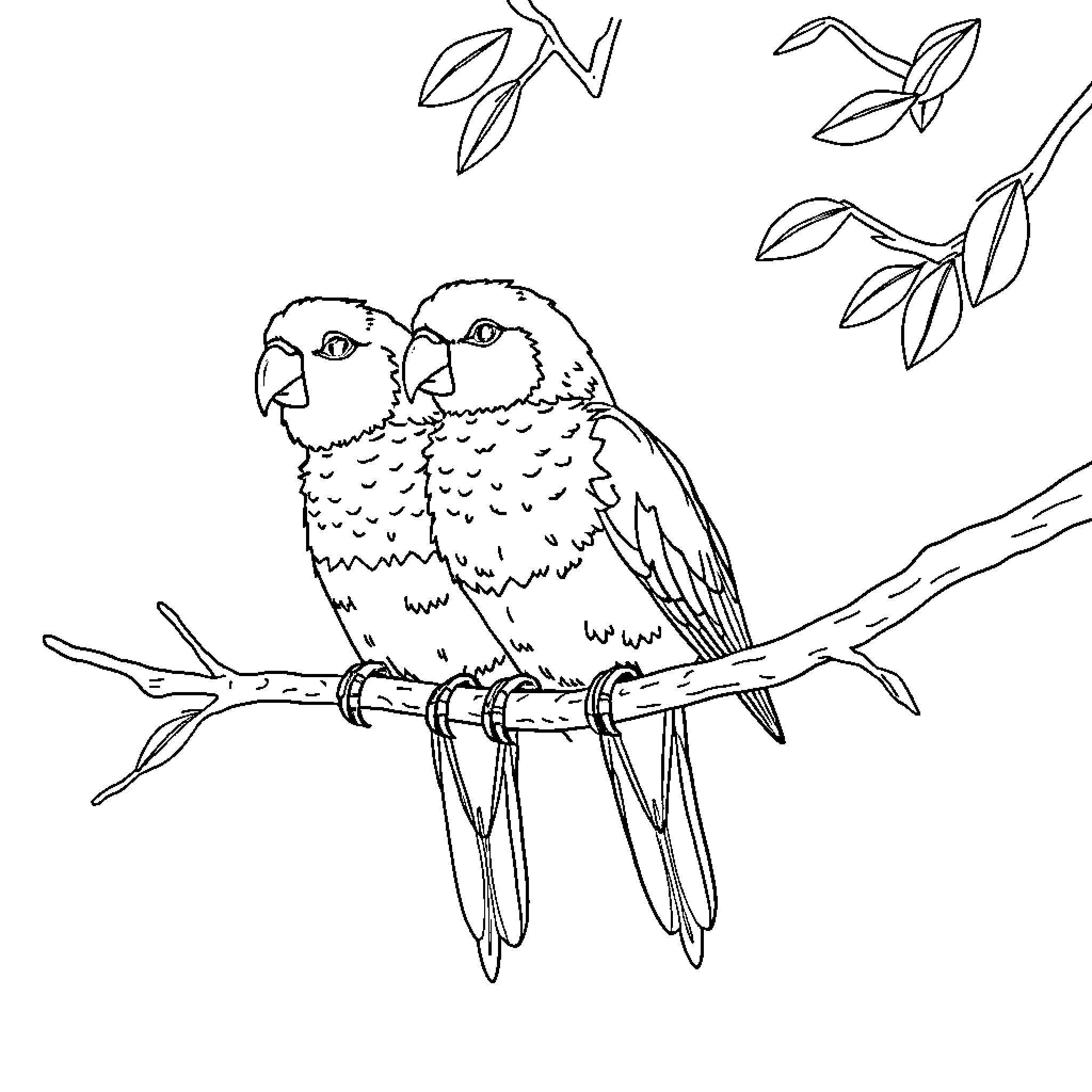 Titled birds perched on twig with foliage Coloring Page (free black-and-white line drawing printable PDF for all, from beginners to advanced learners, including children, teens, adults, and seniors)