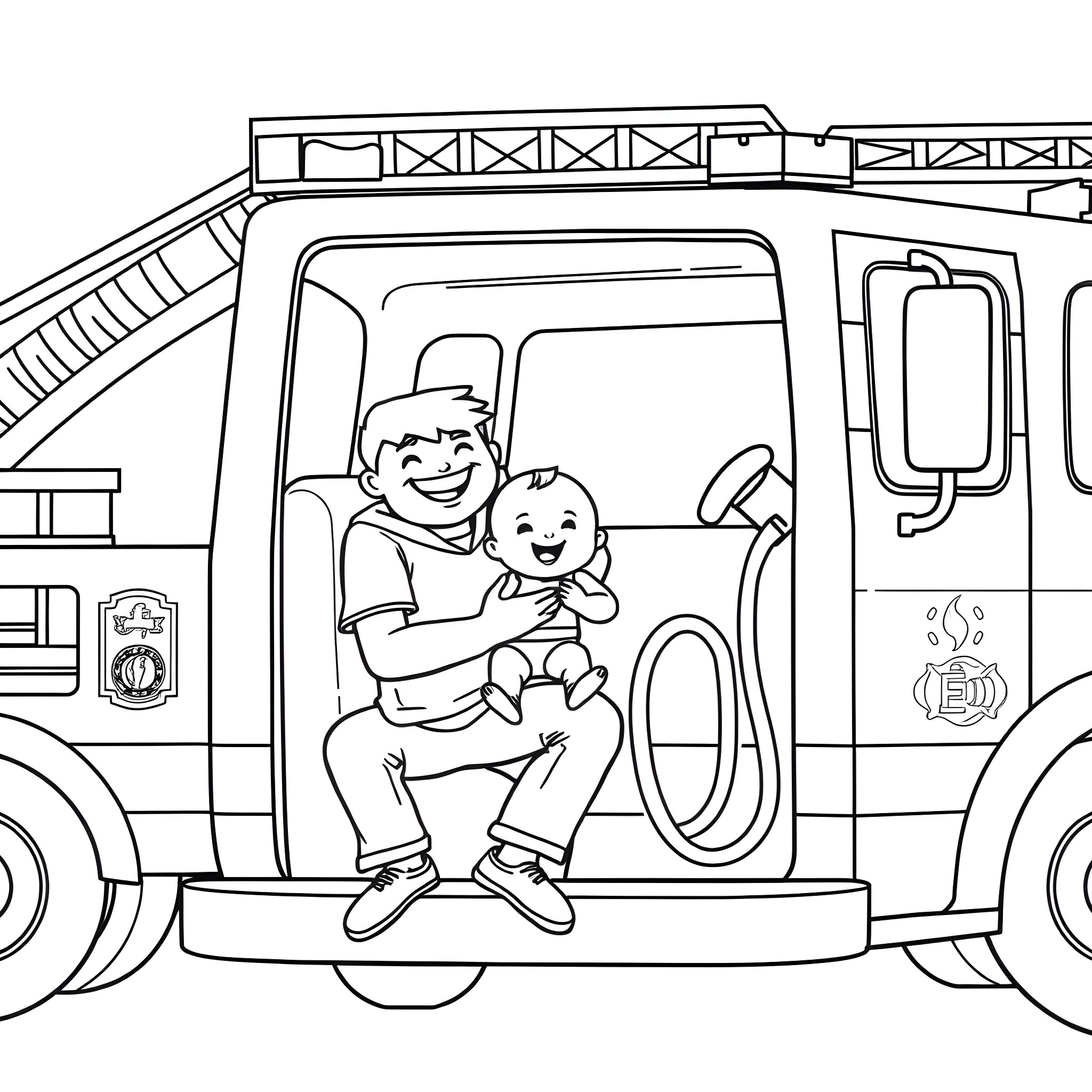 Fire Truck Firefighter Assisting Child in Emergency Vehicle Coloring Page (free black-and-white line drawing printable PDF for all, from beginners to advanced learners, including children, teens, adults, and seniors)