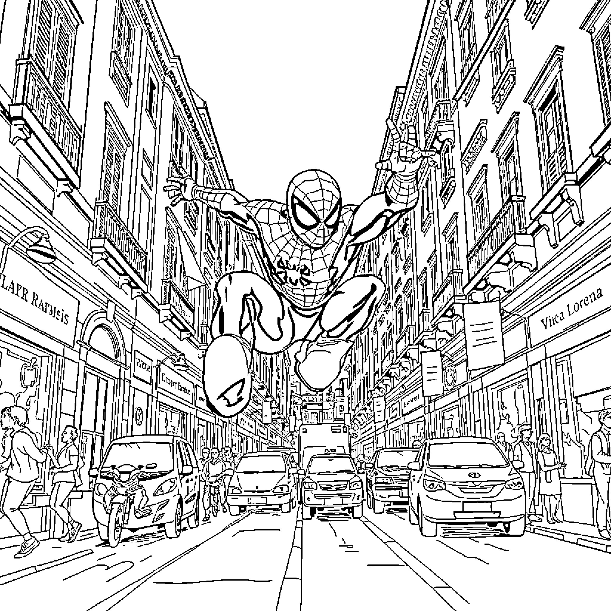 Spider-Man swinging through a bustling city street Coloring Page (free black-and-white line drawing printable PDF for all, from beginners to advanced learners, including children, teens, adults, and seniors)
