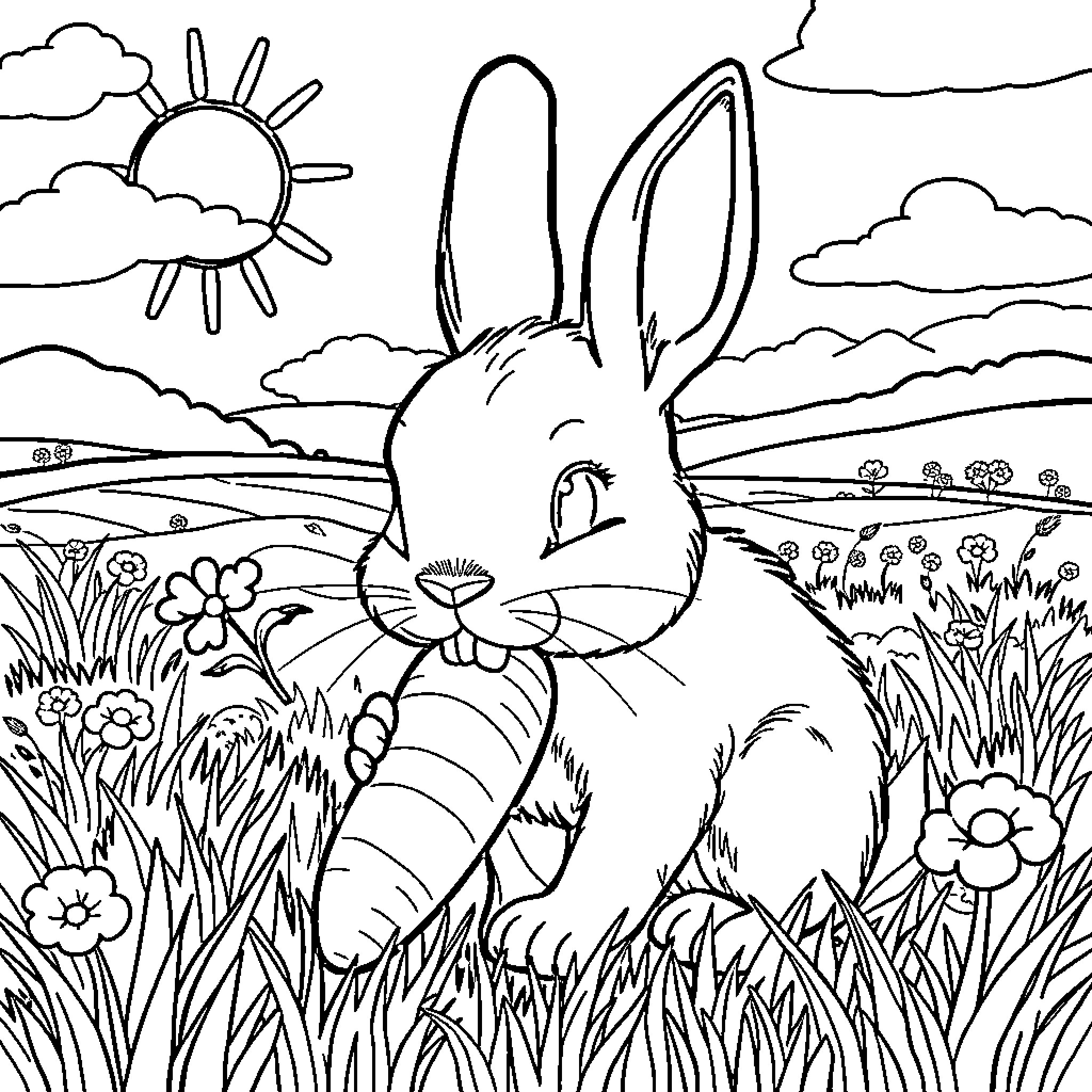 Bunny resting peacefully in a flower-filled meadow Coloring Page (free black-and-white line drawing printable PDF for all, from beginners to advanced learners, including children, teens, adults, and seniors)