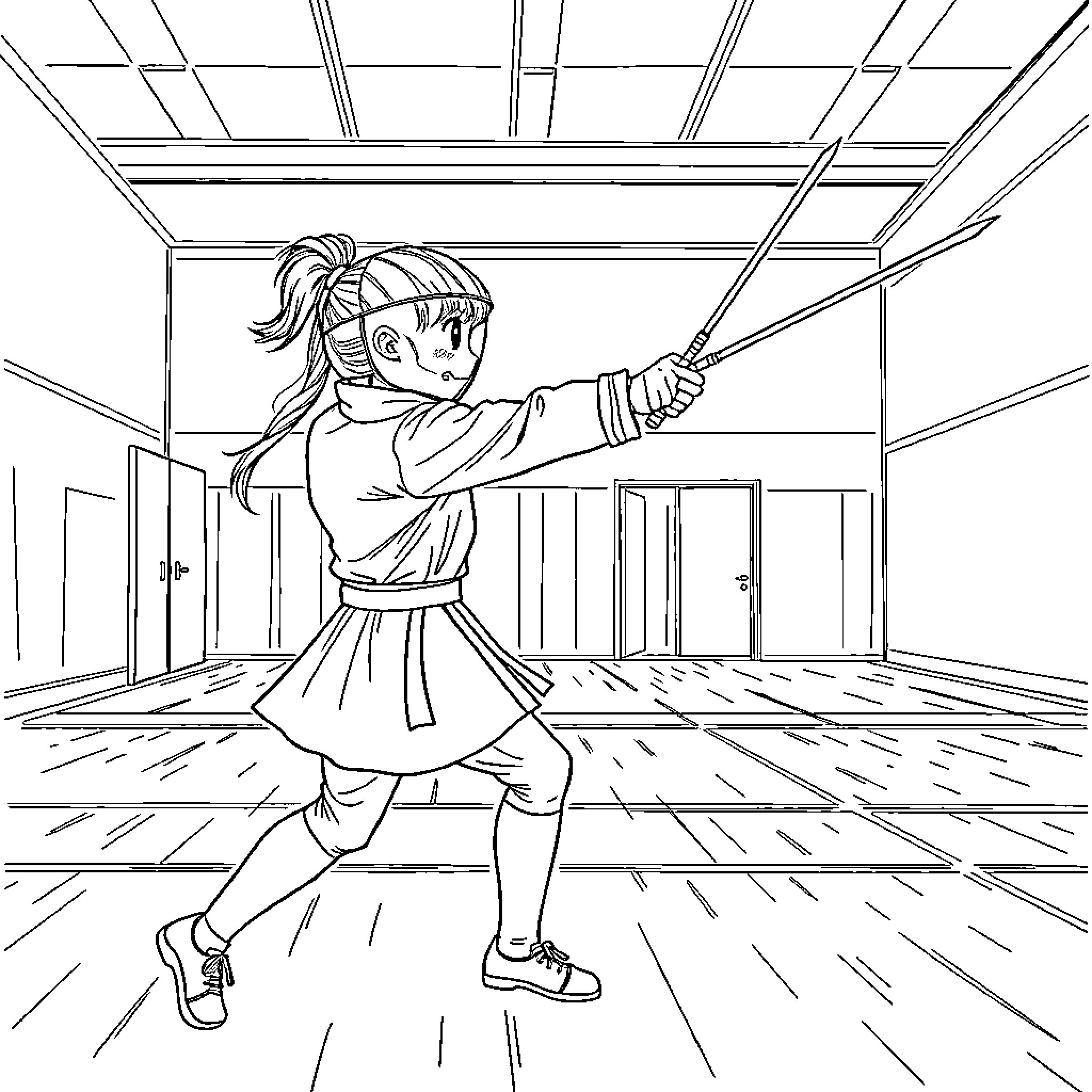 Girl practicing martial arts in a dojo Coloring Page (free black-and-white line drawing printable PDF for all, from beginners to advanced learners, including children, teens, adults, and seniors)