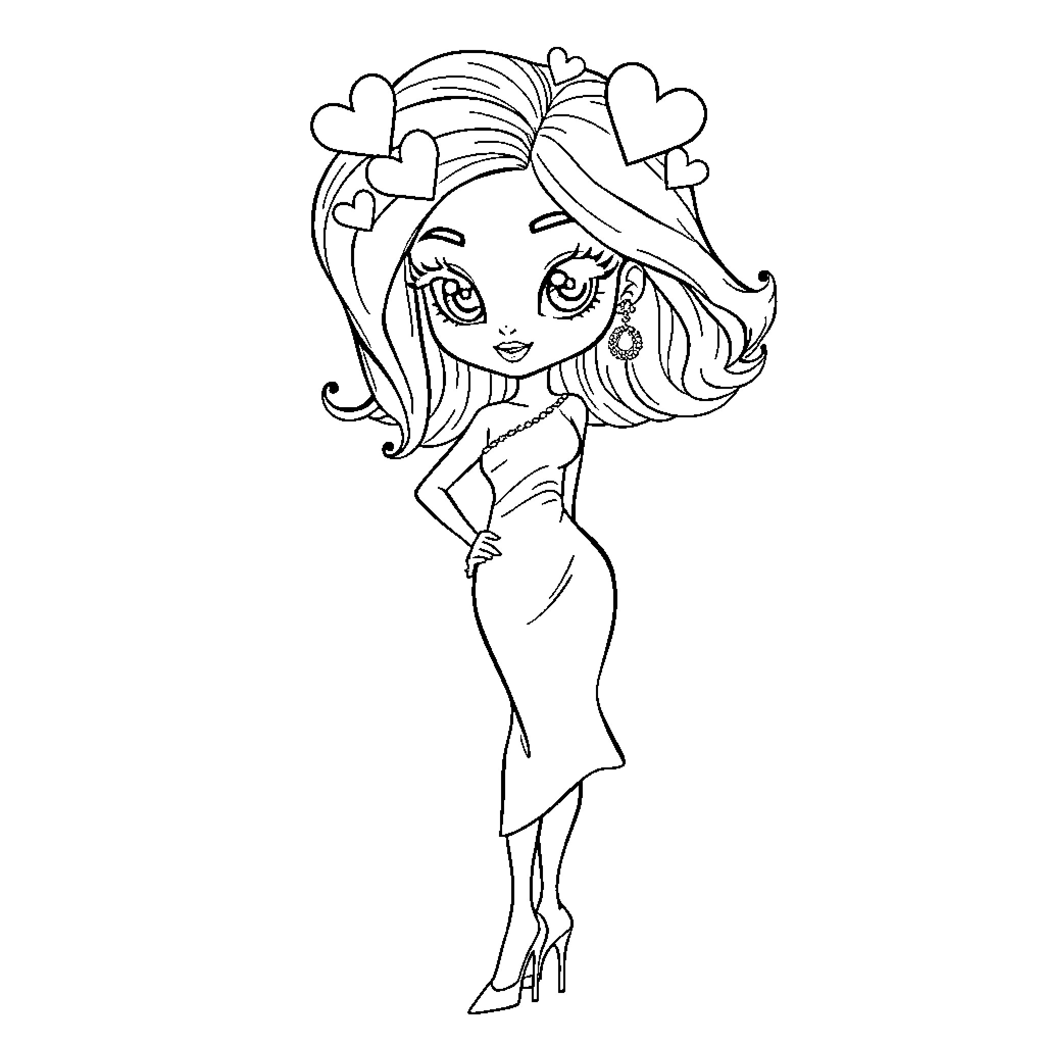 Girl with hearts in her hair standing in a dress Coloring Page (free black-and-white line drawing printable PDF for all, from beginners to advanced learners, including children, teens, adults, and seniors)