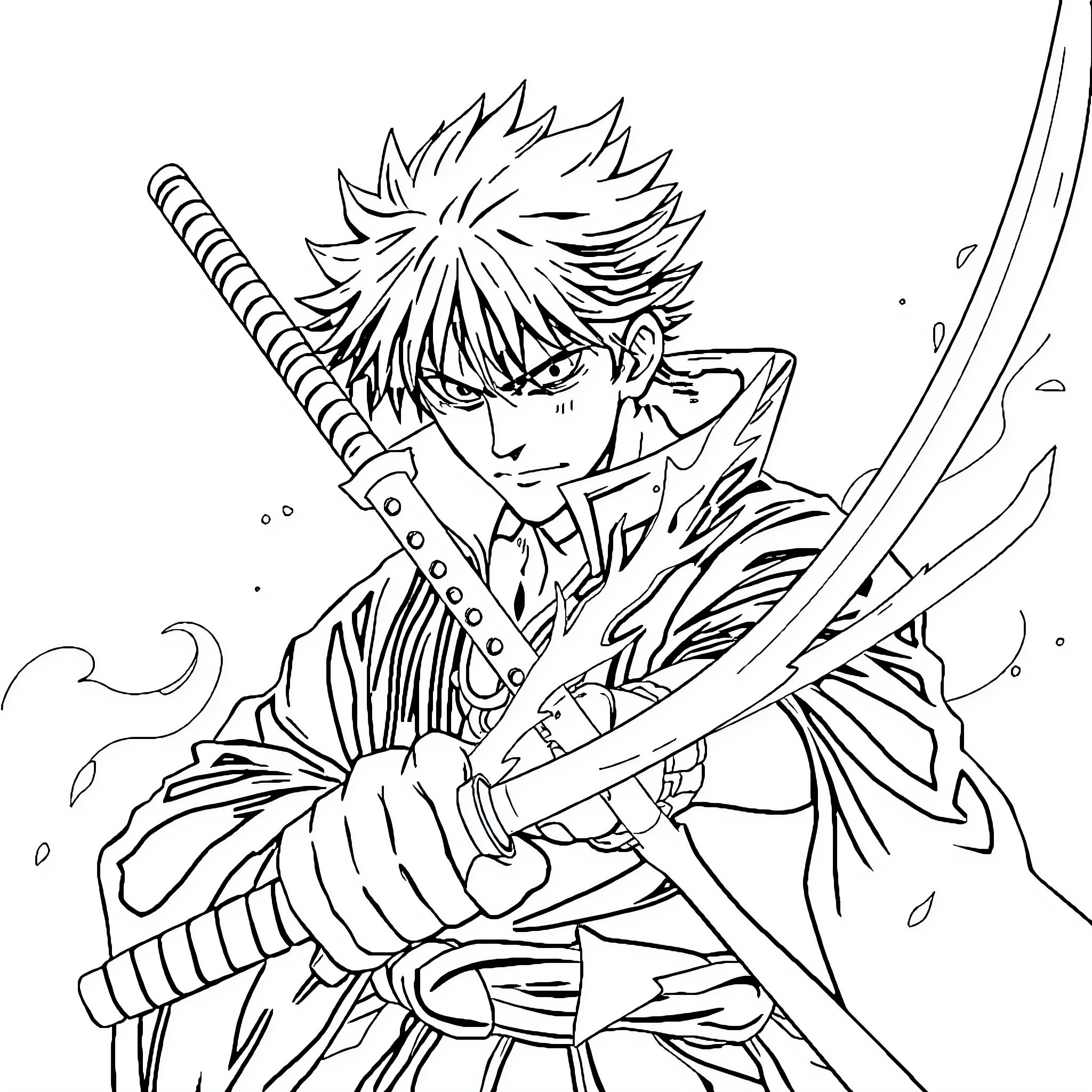 Zoro's Fierce Swordplay Amid the Storm Coloring Page (free black-and-white line drawing printable PDF for all, from beginners to advanced learners, including children, teens, adults, and seniors)