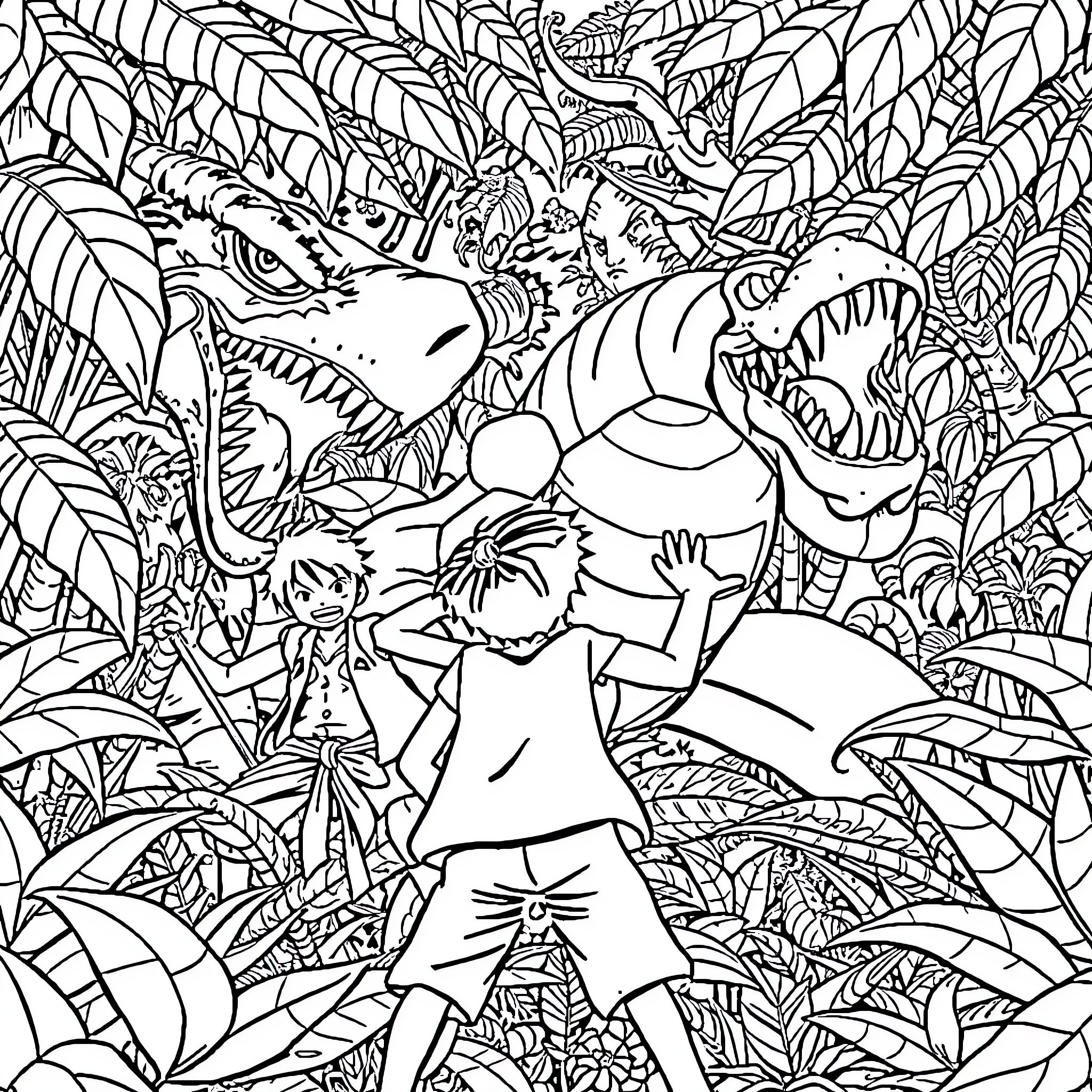 One Piece Luffy Explores Mysterious Jungle Landscape Coloring Page (free black-and-white line drawing printable PDF for all, from beginners to advanced learners, including children, teens, adults, and seniors)