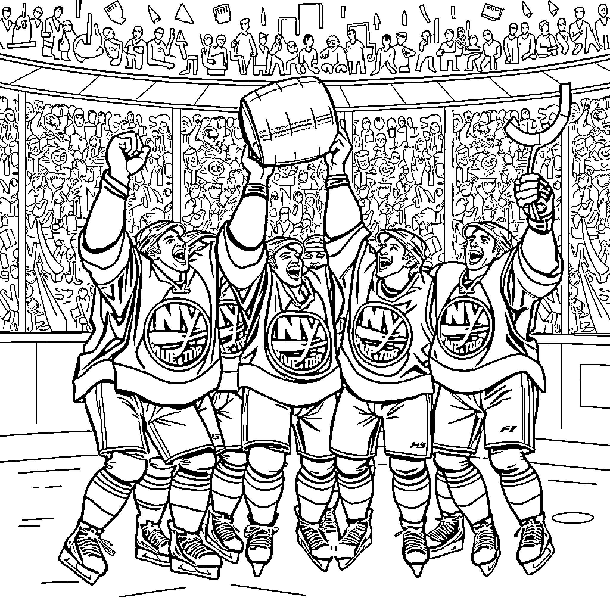 New York Islanders Celebrating Victory on Ice Coloring Page (free black-and-white line drawing printable PDF for all, from beginners to advanced learners, including children, teens, adults, and seniors)