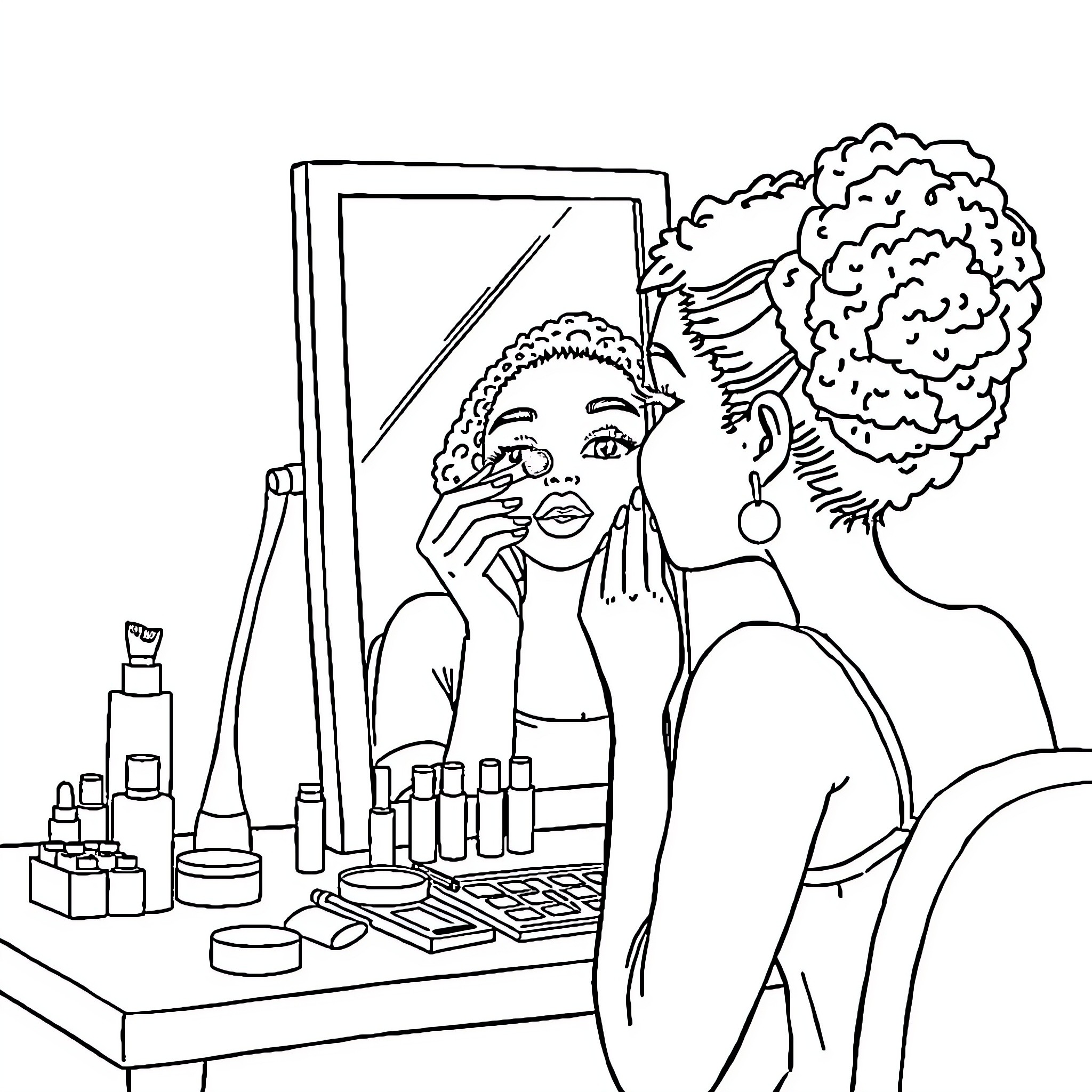 Girl applying makeup in front of mirror Coloring Page (free black-and-white line drawing printable PDF for all, from beginners to advanced learners, including children, teens, adults, and seniors)