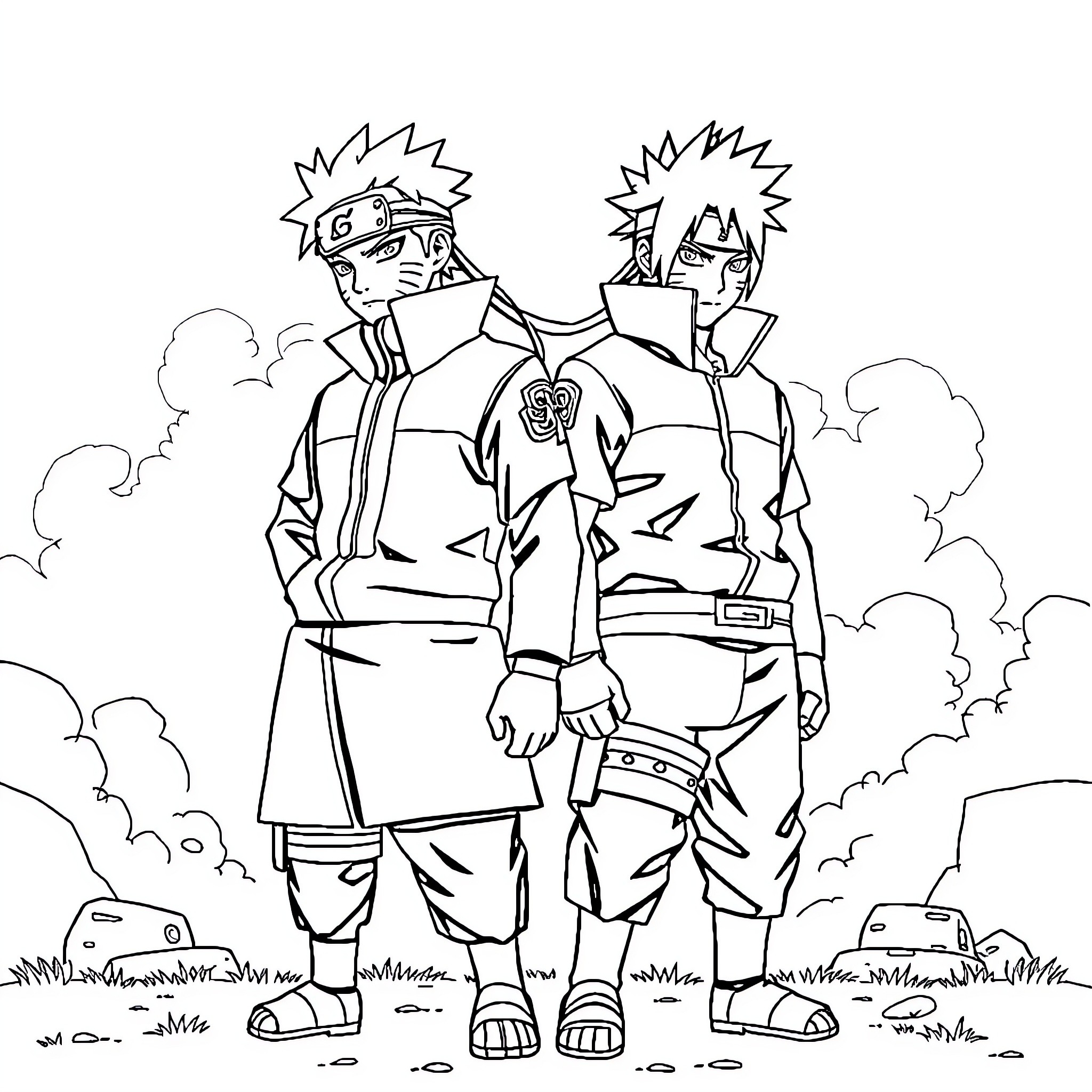 Naruto Characters in Action Poses Coloring Page (free black-and-white line drawing printable PDF for all, from beginners to advanced learners, including children, teens, adults, and seniors)
