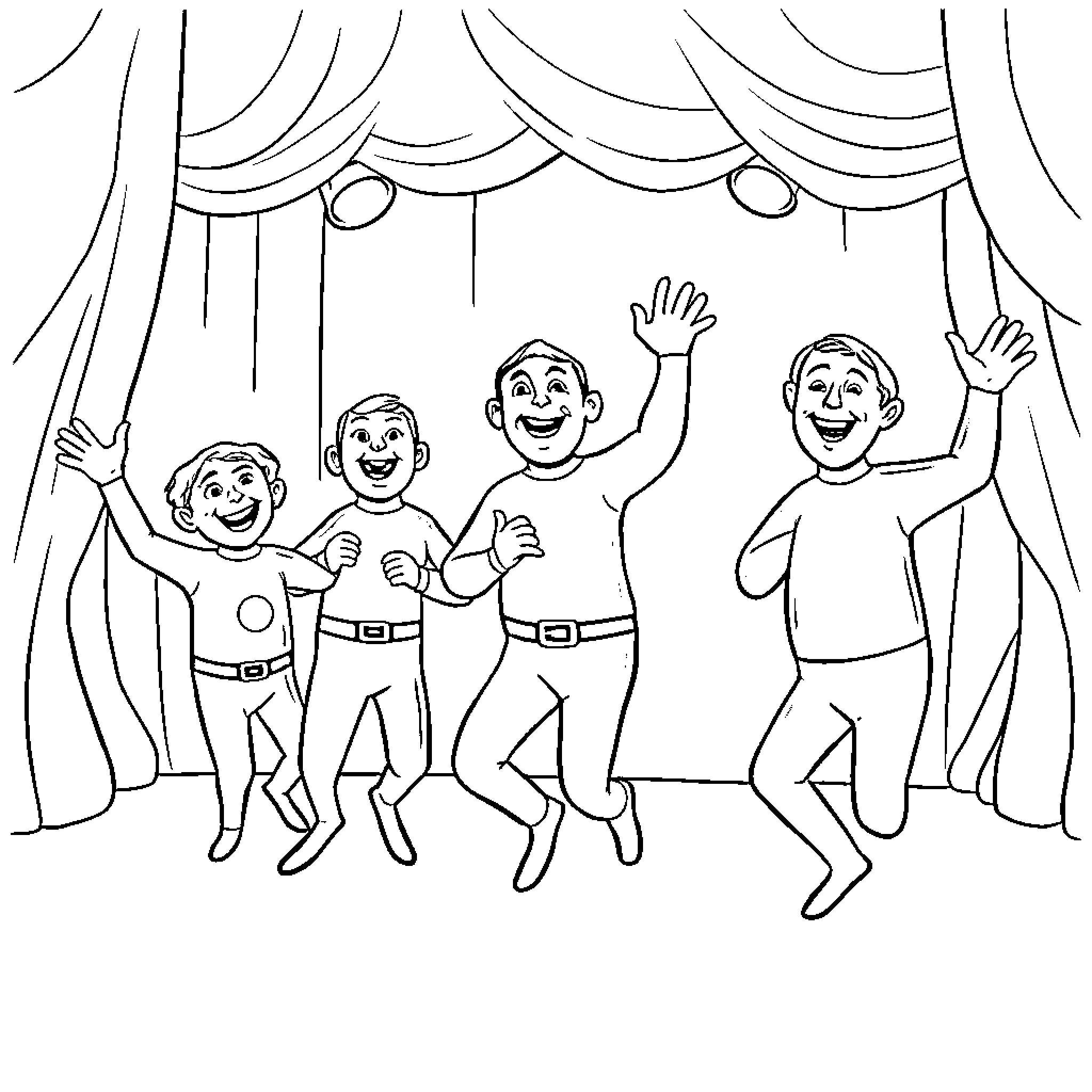 Wiggles and jumps of joyful performers on stage Coloring Page (free black-and-white line drawing printable PDF for all, from beginners to advanced learners, including children, teens, adults, and seniors)