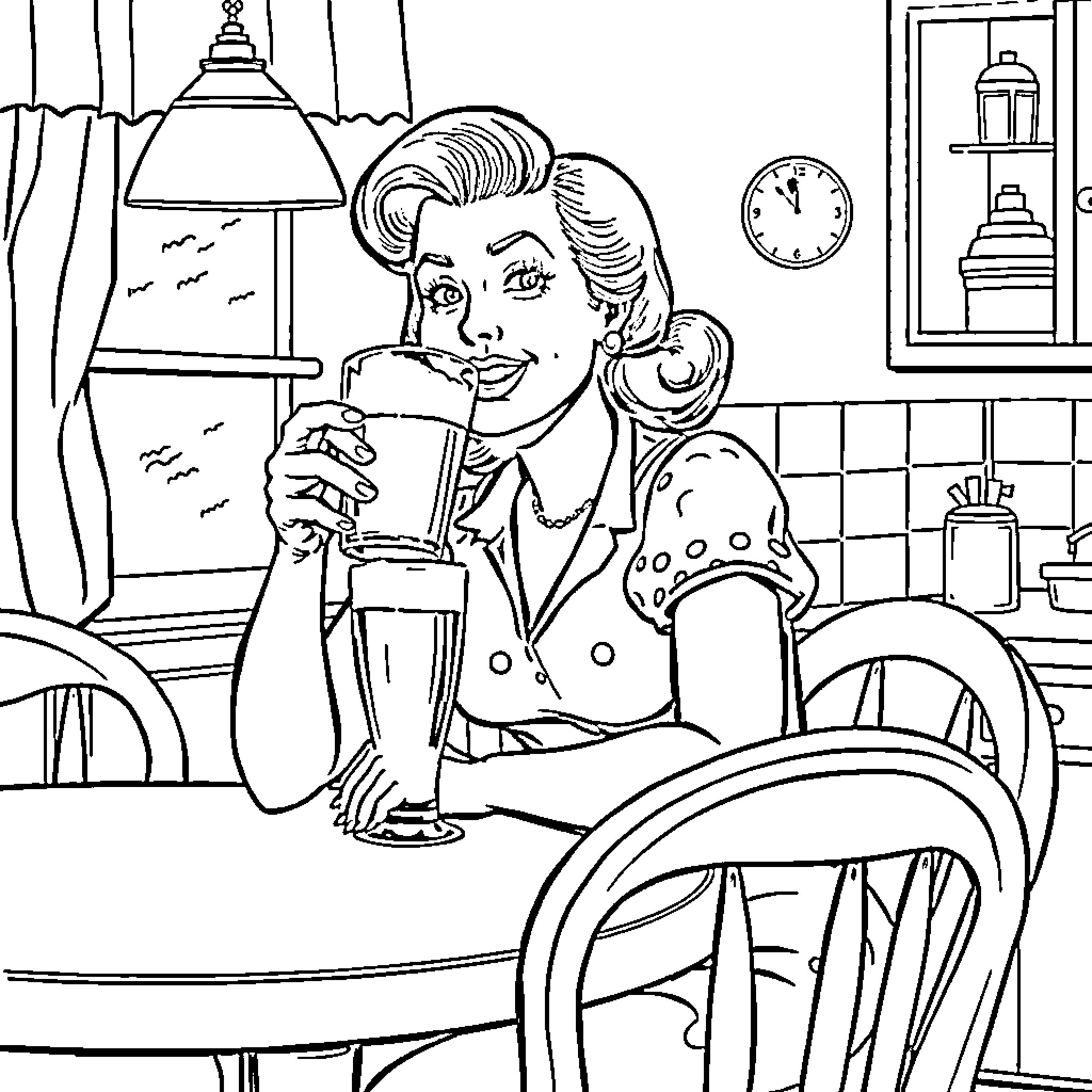 Housewife Enjoying a Cozy Drink in the Kitchen Coloring Page (free black-and-white line drawing printable PDF for all, from beginners to advanced learners, including children, teens, adults, and seniors)