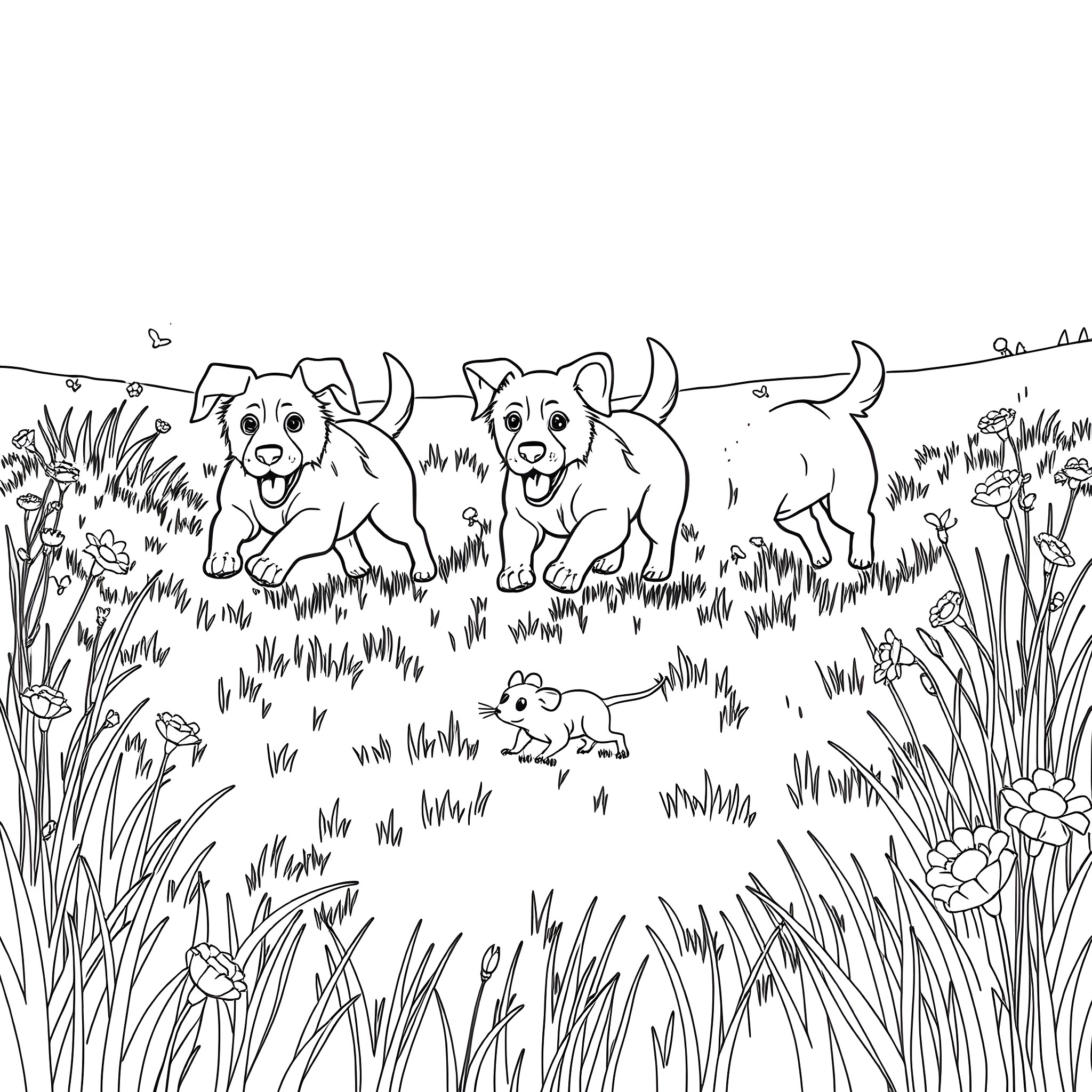 Dogs playing joyfully in the meadow Coloring Page (free black-and-white line drawing printable PDF for all, from beginners to advanced learners, including children, teens, adults, and seniors)