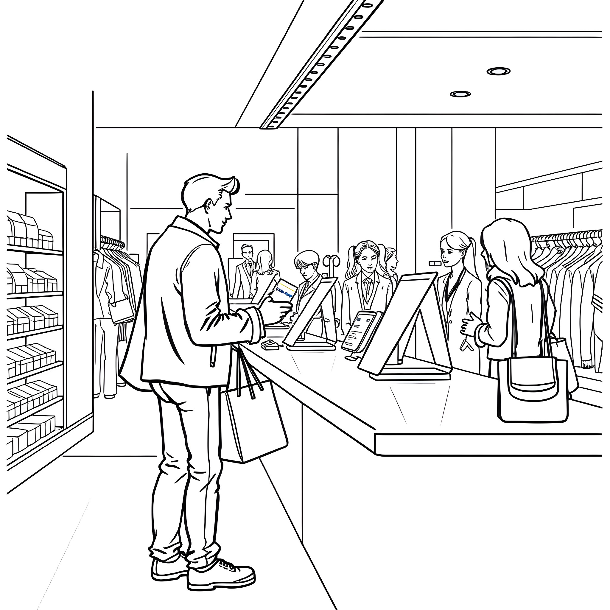 Person shopping at the retail store Coloring Page (free black-and-white line drawing printable PDF for all, from beginners to advanced learners, including children, teens, adults, and seniors)