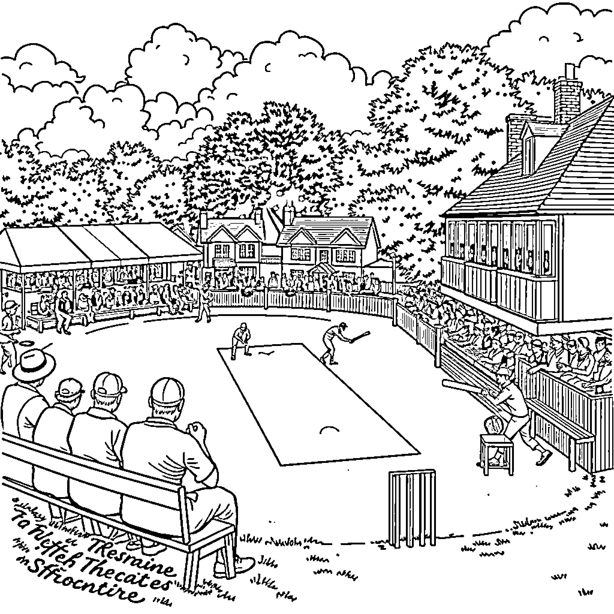Cricket match in a scenic rural setting Coloring Page (free black-and-white line drawing printable PDF for all, from beginners to advanced learners, including children, teens, adults, and seniors)