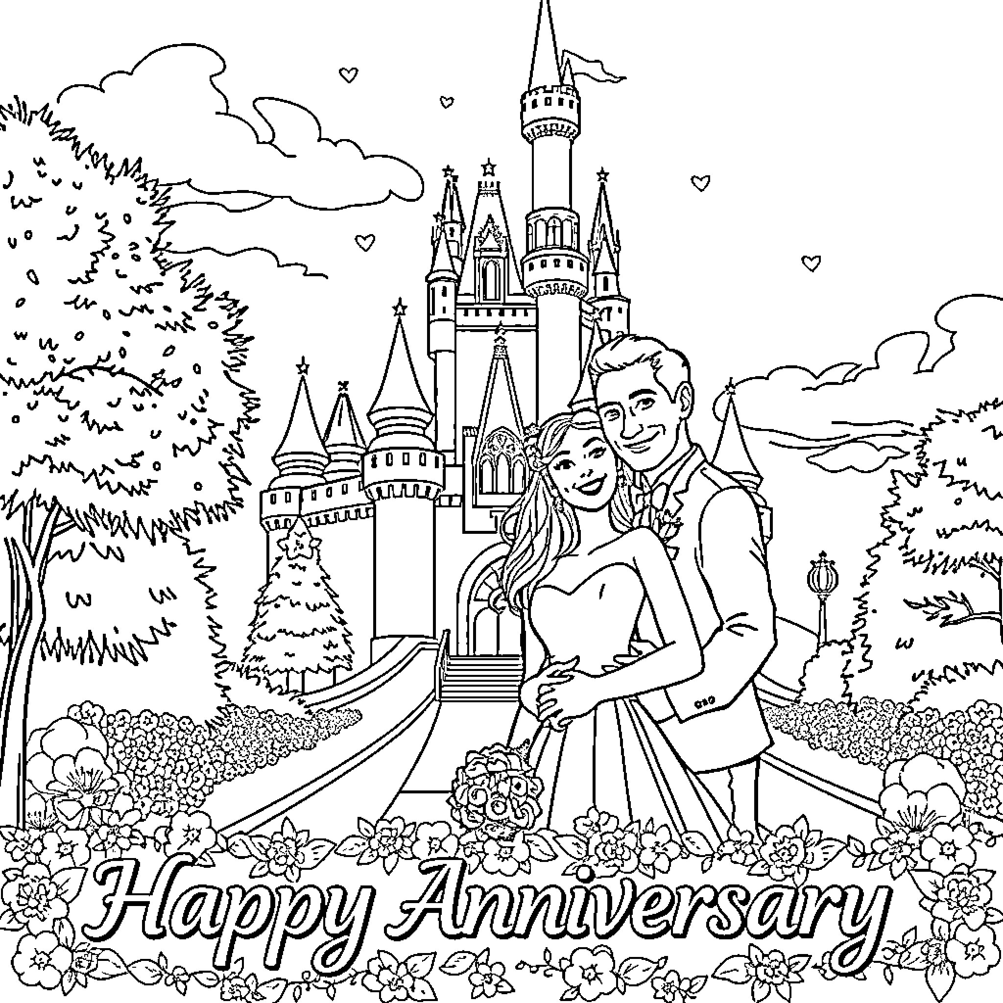 Cinderella and Prince Charming celebrate at the castle Coloring Page (free black-and-white line drawing printable PDF for all, from beginners to advanced learners, including children, teens, adults, and seniors)