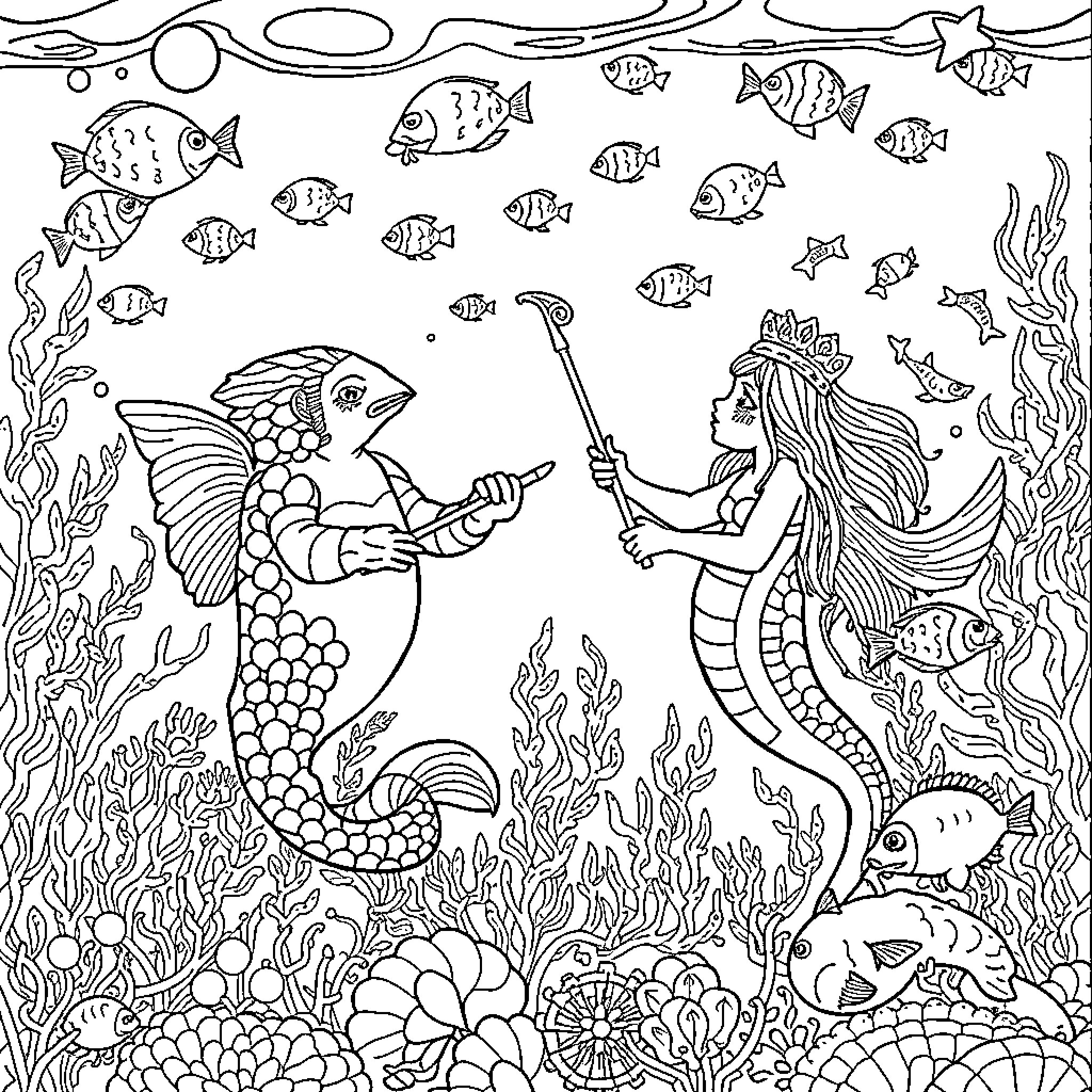 Lutin Mermaid Exploring Underwater World Coloring Page (free black-and-white line drawing printable PDF for all, from beginners to advanced learners, including children, teens, adults, and seniors)