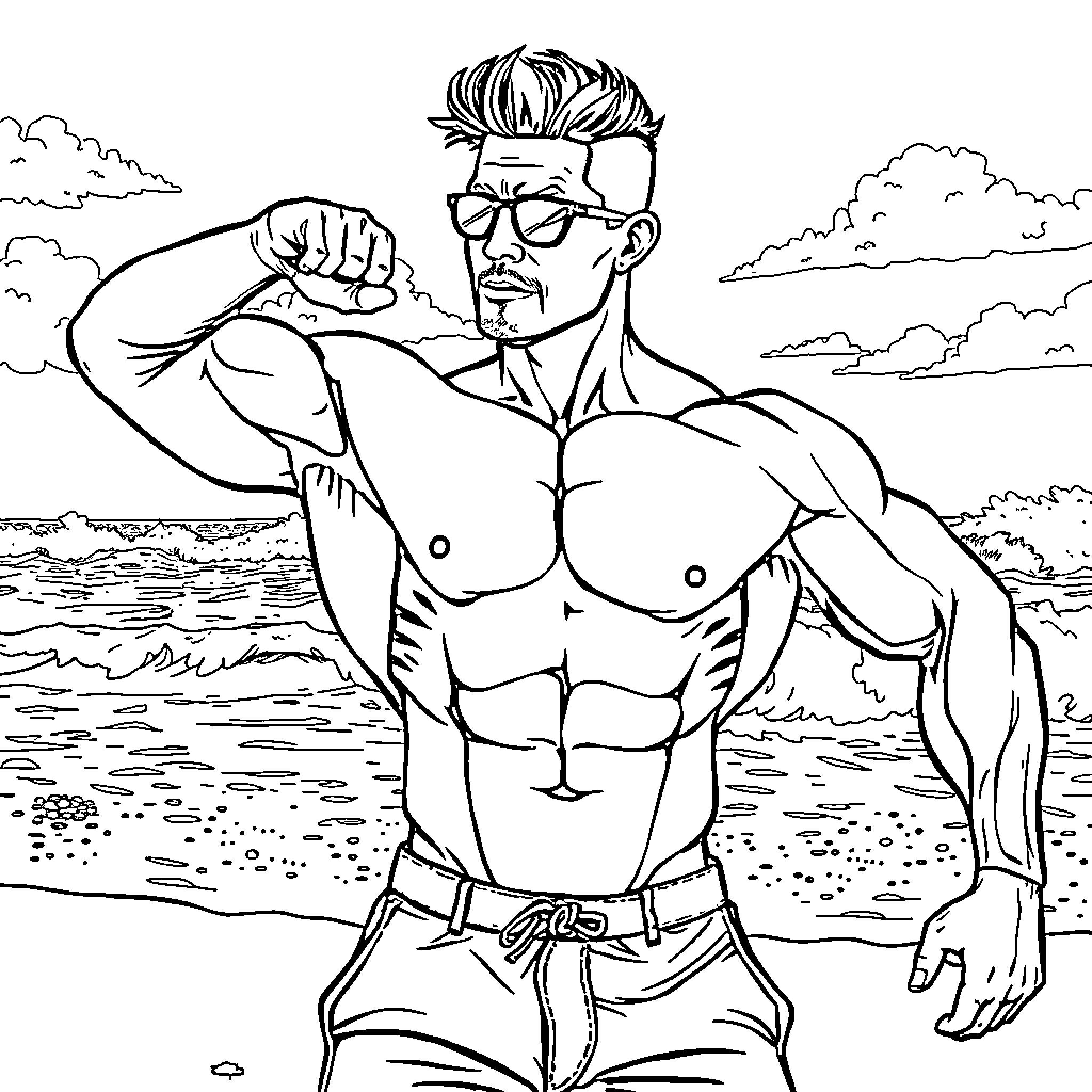 Bodybuilder flexing muscles on the beach Coloring Page (free black-and-white line drawing printable PDF for all, from beginners to advanced learners, including children, teens, adults, and seniors)