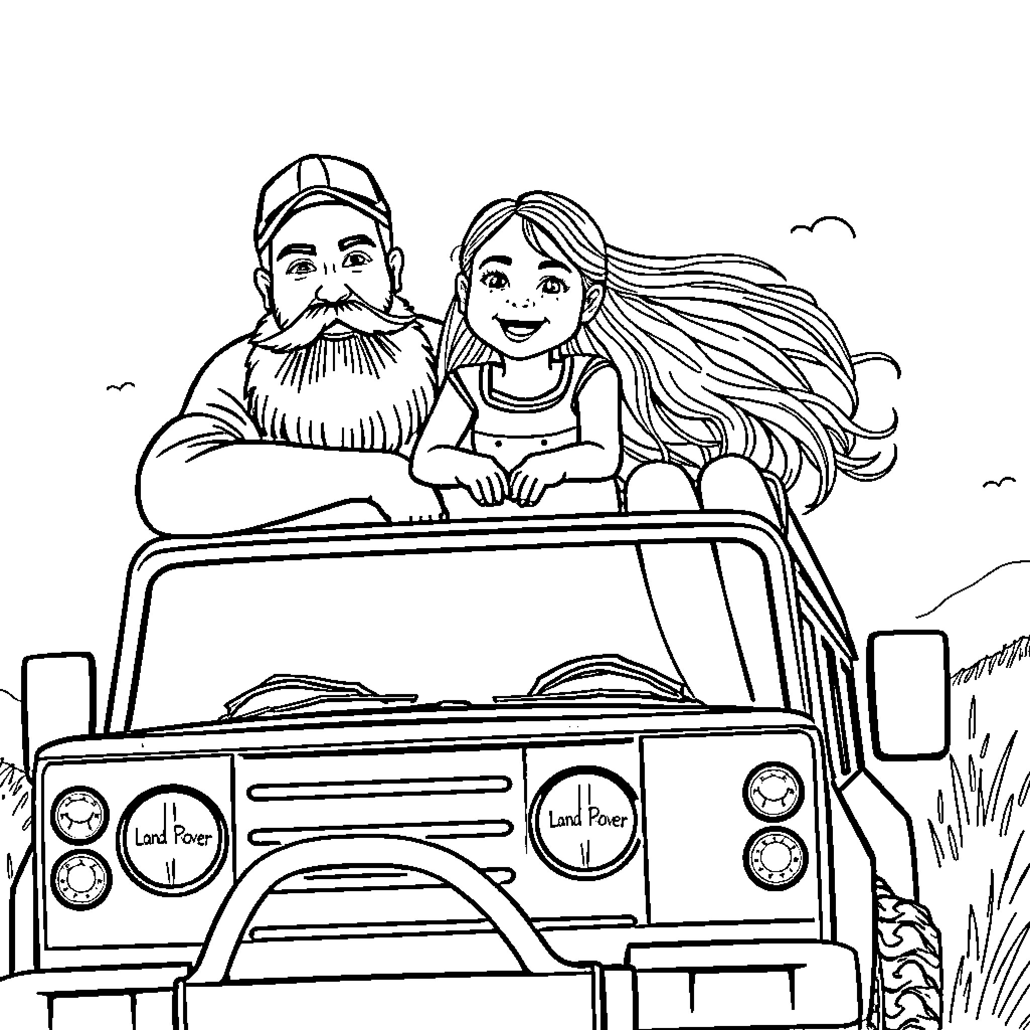 Family Enjoying Outdoor Adventure in Jeep Coloring Page (free black-and-white line drawing printable PDF for all, from beginners to advanced learners, including children, teens, adults, and seniors)
