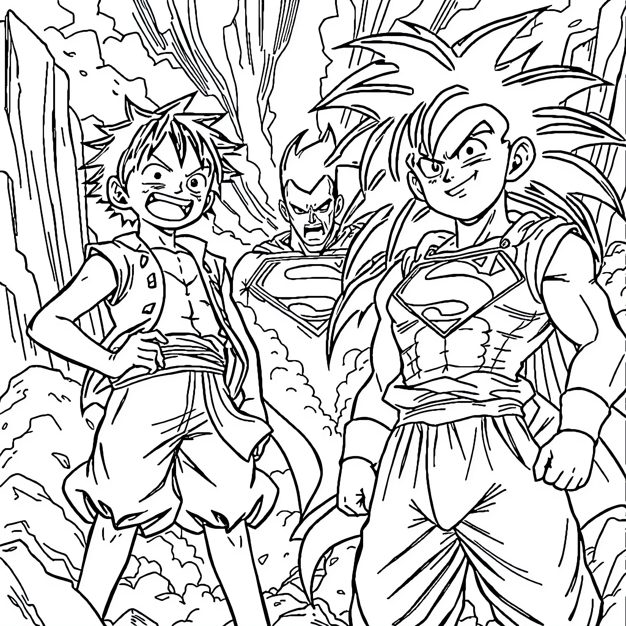 Luffy and friends in an adventurous scene Coloring Page (free black-and-white line drawing printable PDF for all, from beginners to advanced learners, including children, teens, adults, and seniors)