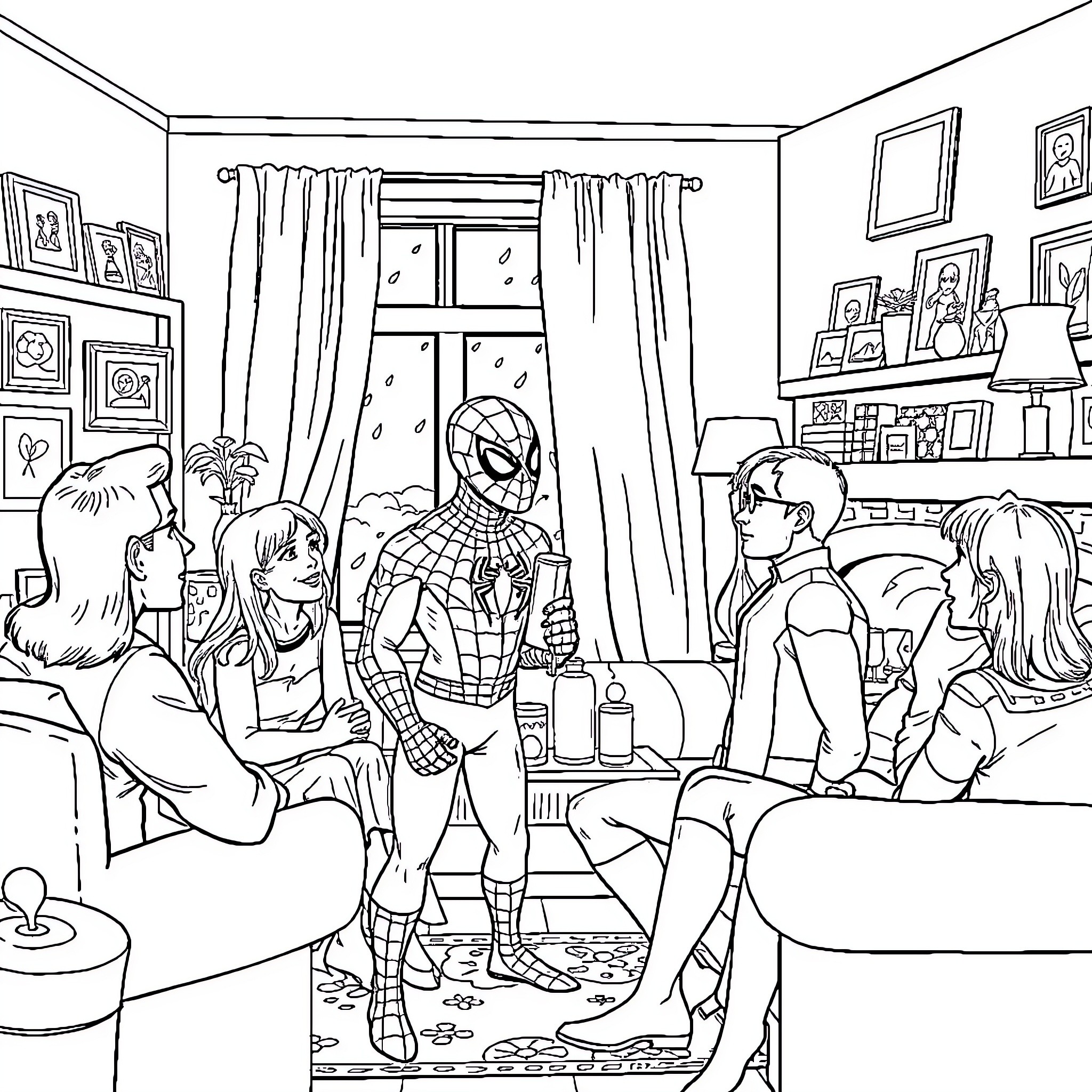 Spiderman surprises a group of friends in a cozy room Coloring Page (free black-and-white line drawing printable PDF for all, from beginners to advanced learners, including children, teens, adults, and seniors)