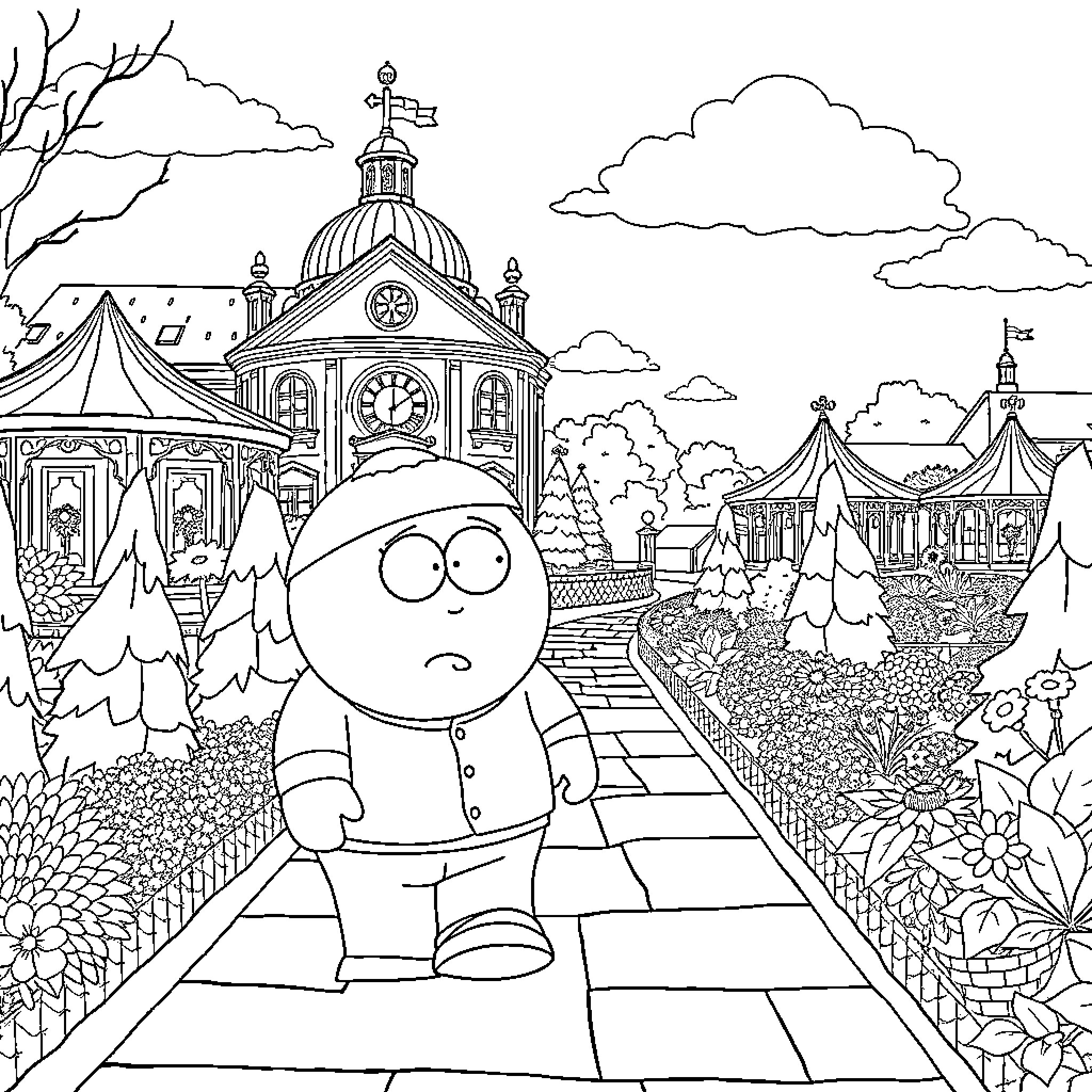 Eric Cartman exploring the colorful carnival scene Coloring Page (free black-and-white line drawing printable PDF for all, from beginners to advanced learners, including children, teens, adults, and seniors)
