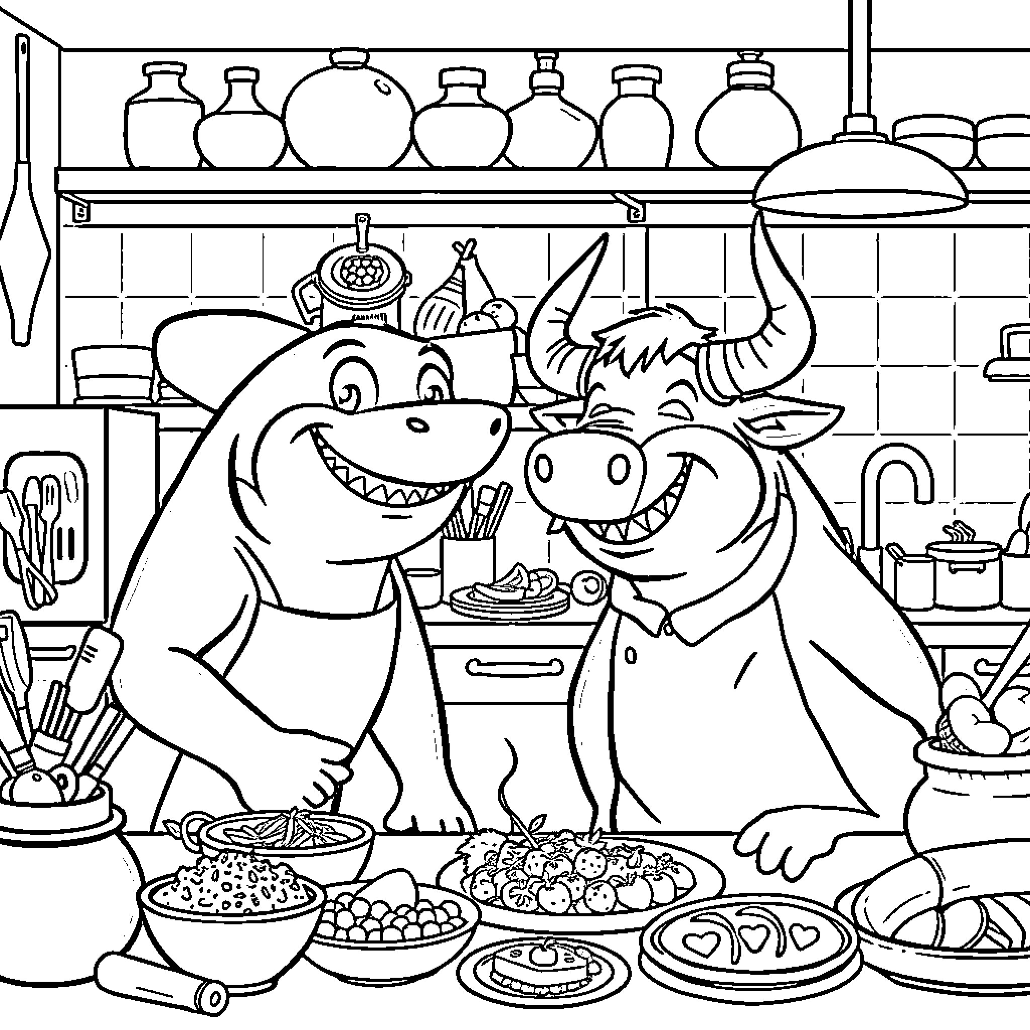 Shark Monsters Cooking Up a Feast in the Kitchen Coloring Page (free black-and-white line drawing printable PDF for all, from beginners to advanced learners, including children, teens, adults, and seniors)