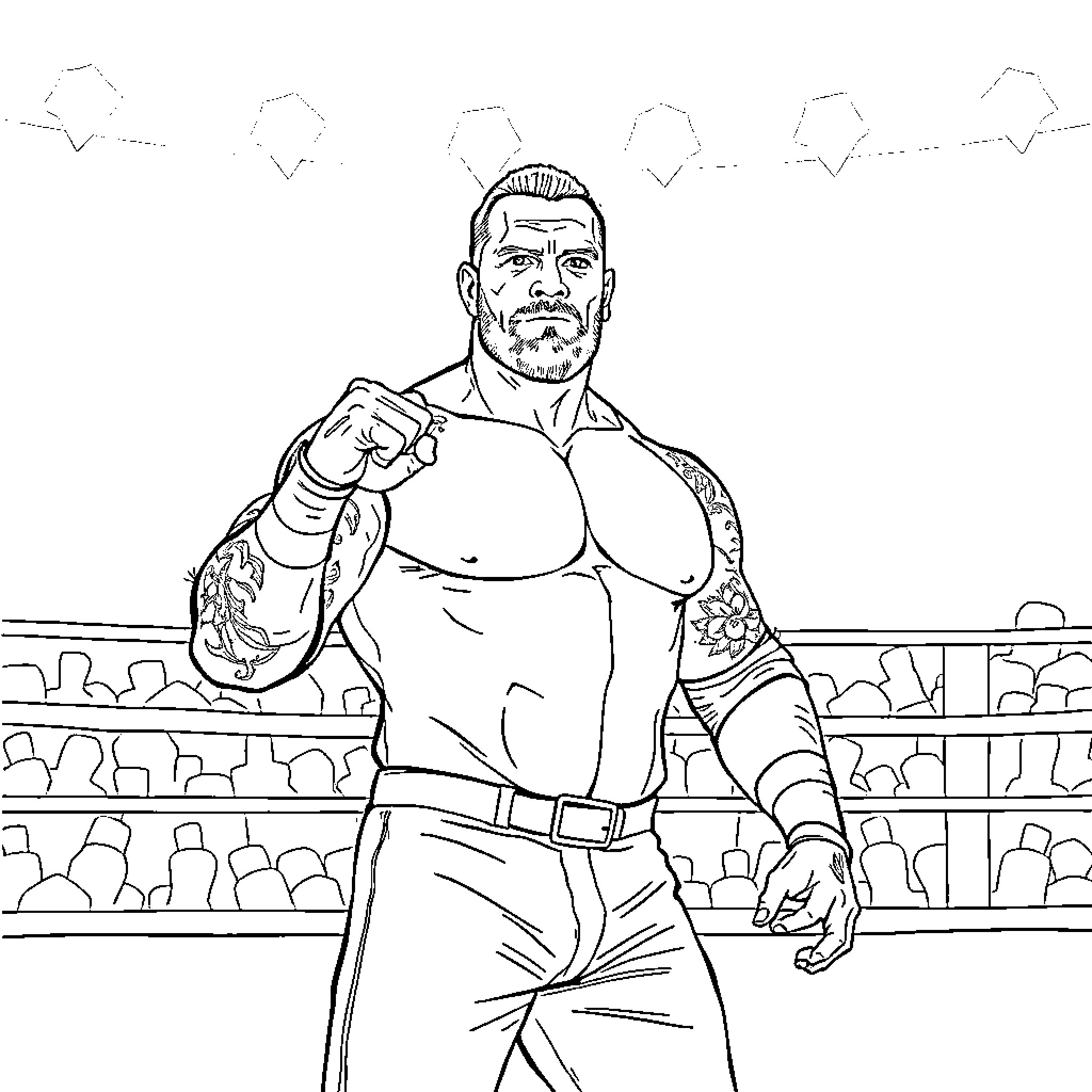 Randy Orton in a wrestling ring with crowd Coloring Page (free black-and-white line drawing printable PDF for all, from beginners to advanced learners, including children, teens, adults, and seniors)