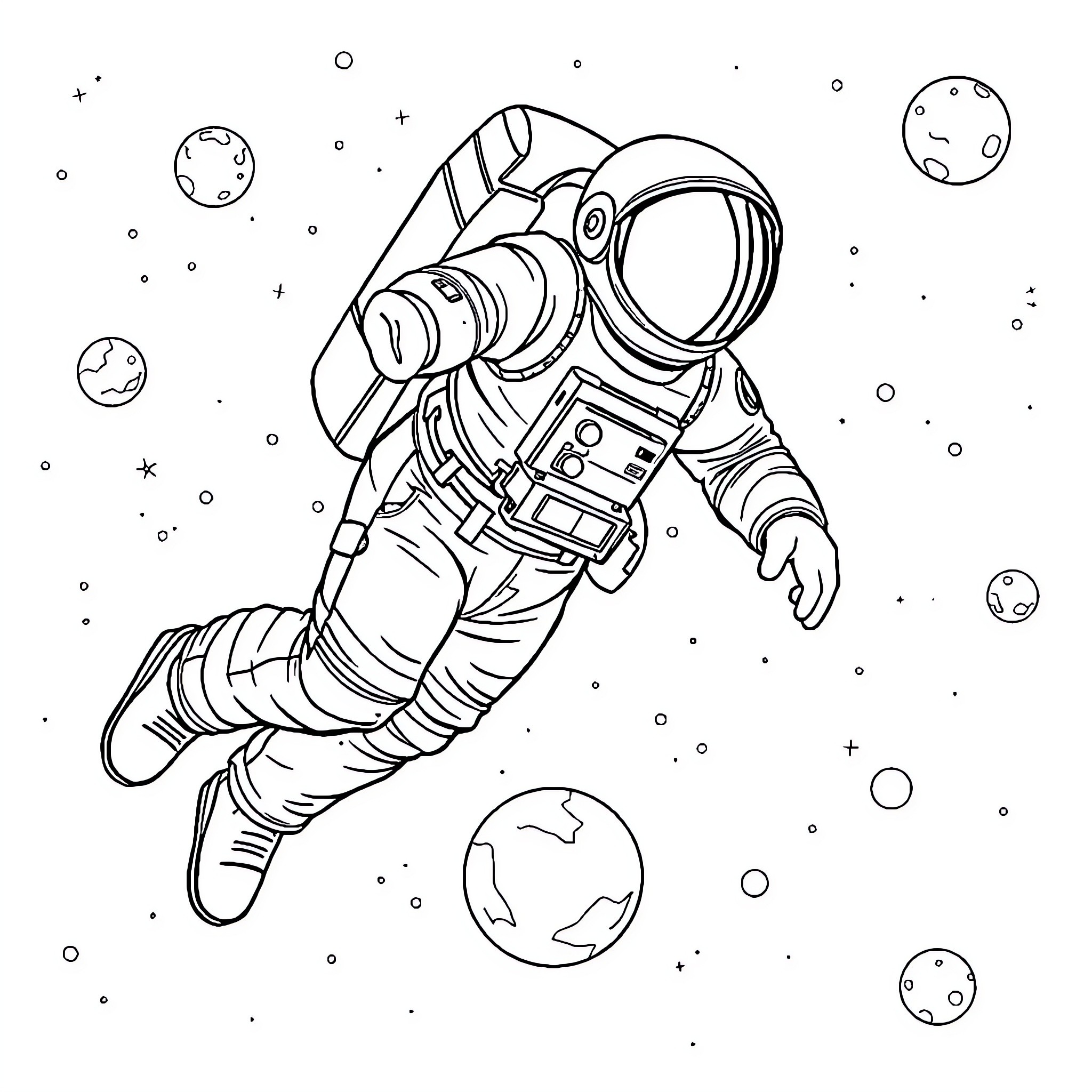 Astronaut floating in outer space among planets Coloring Page (free black-and-white line drawing printable PDF for all, from beginners to advanced learners, including children, teens, adults, and seniors)