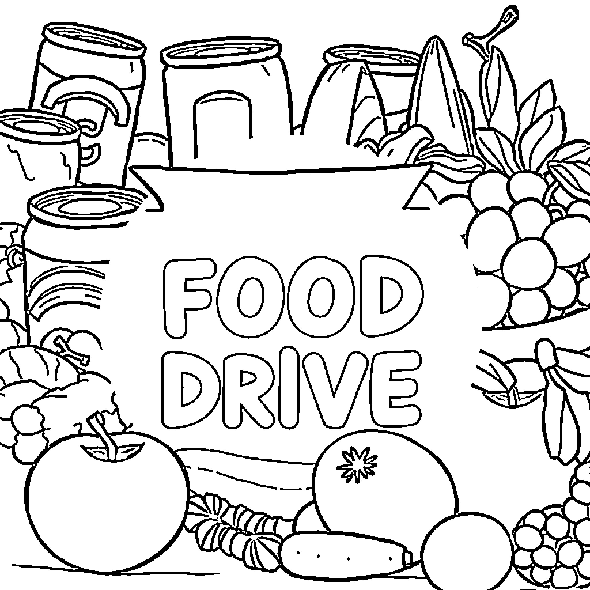 Food Drive: Diverse Foods, Meals and Donations Coloring Page (free black-and-white line drawing printable PDF for all, from beginners to advanced learners, including children, teens, adults, and seniors)