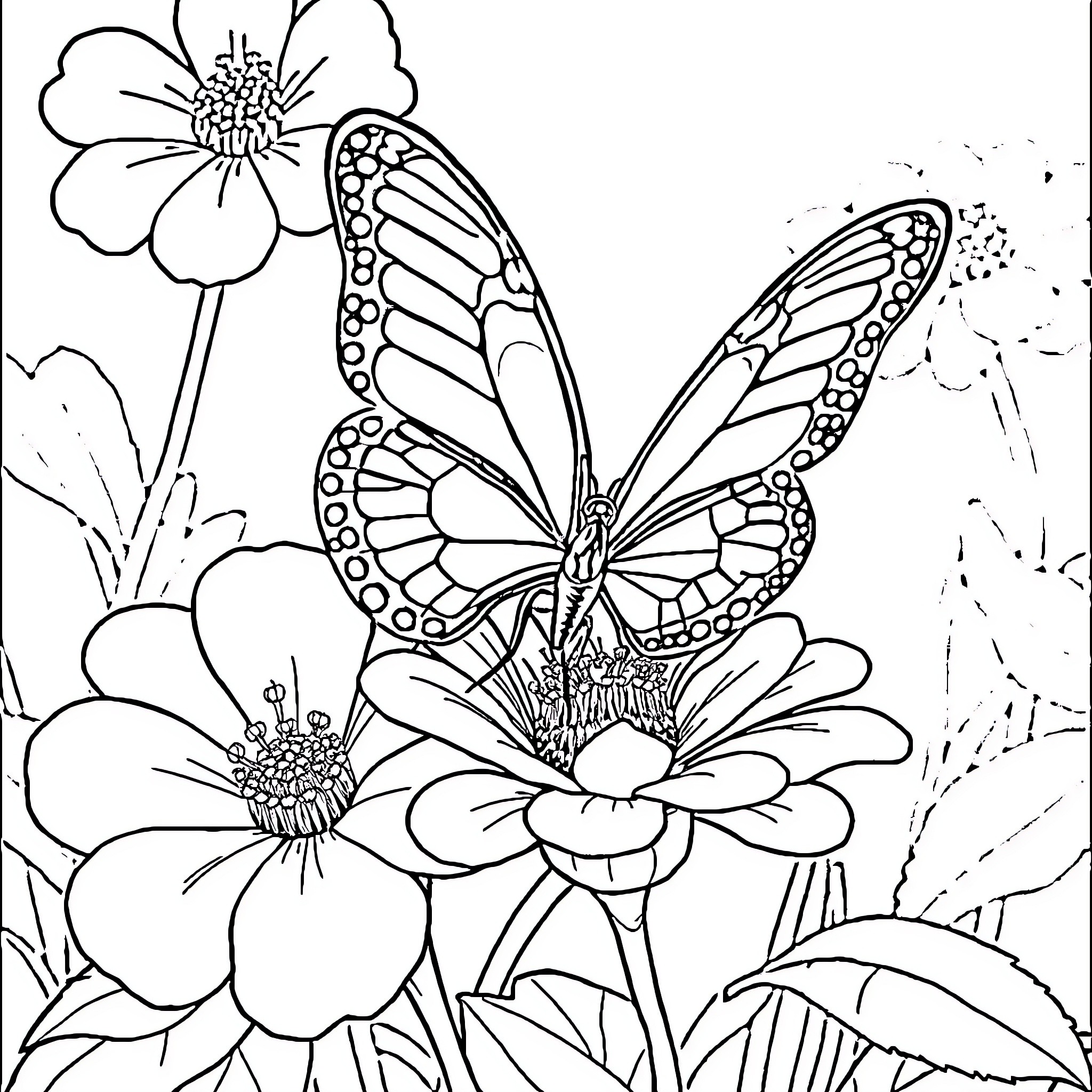 Butterfly exploring vibrant floral garden Coloring Page (free black-and-white line drawing printable PDF for all, from beginners to advanced learners, including children, teens, adults, and seniors)