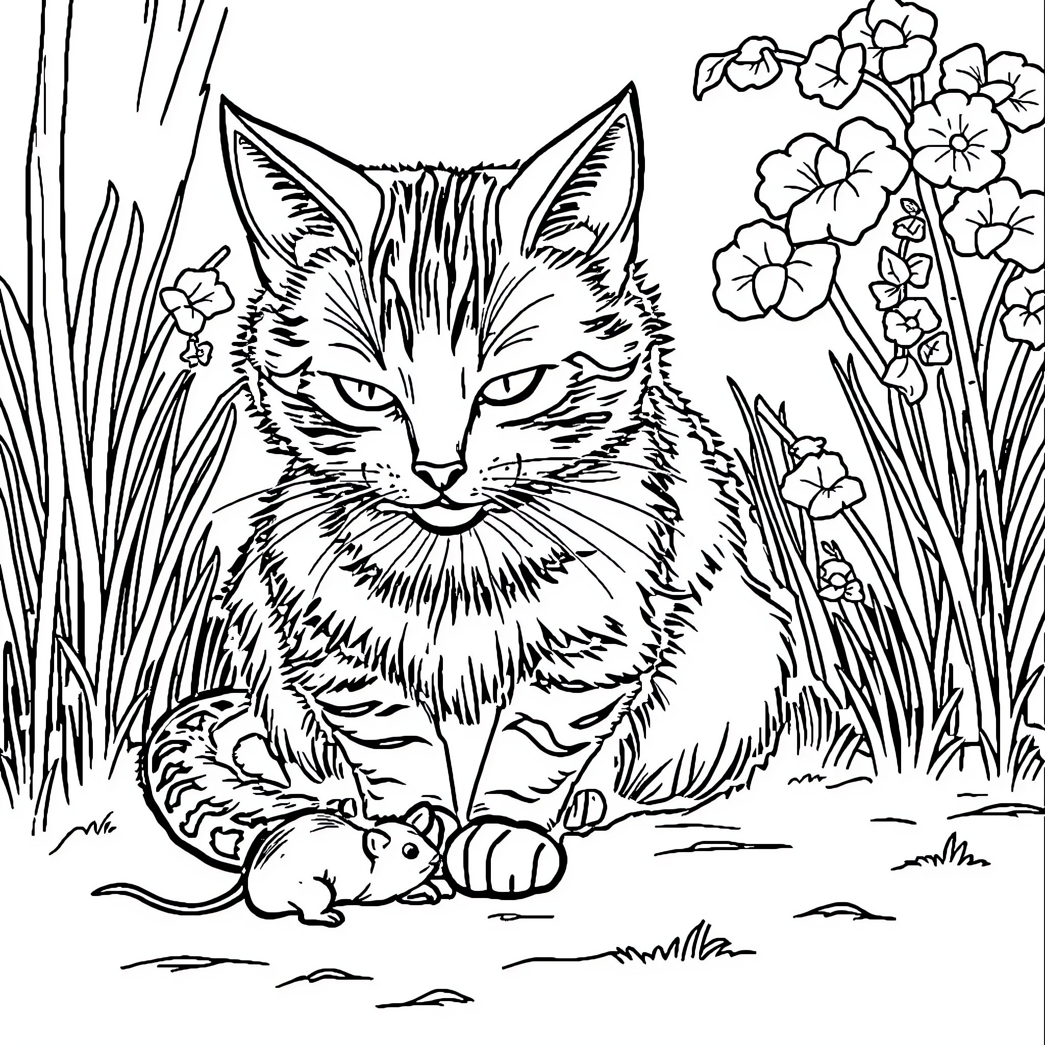 Cat Contemplating Tiny Creature in Floral Garden Coloring Page (free black-and-white line drawing printable PDF for all, from beginners to advanced learners, including children, teens, adults, and seniors)