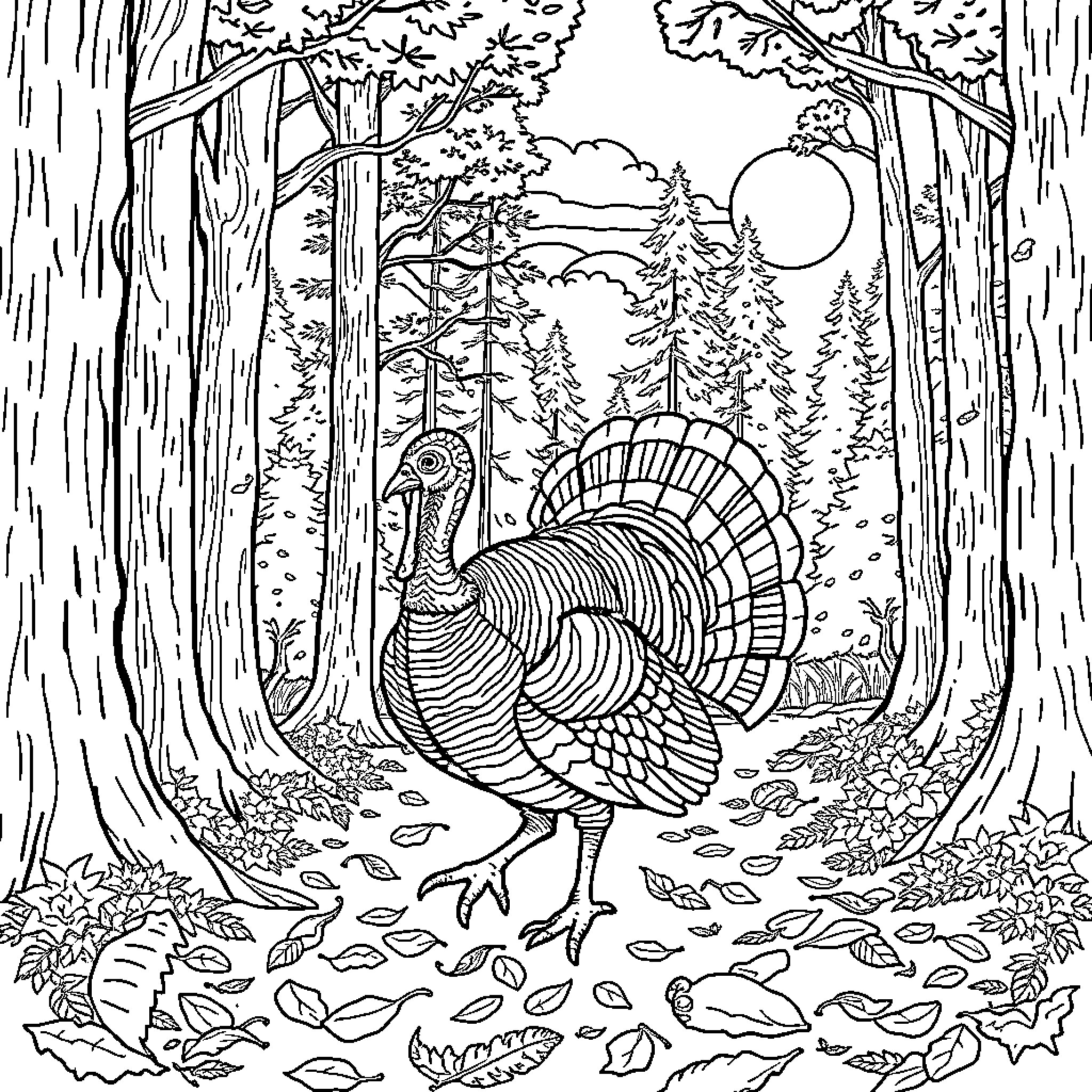 Turkey wandering through the tranquil forest Coloring Page (free black-and-white line drawing printable PDF for all, from beginners to advanced learners, including children, teens, adults, and seniors)