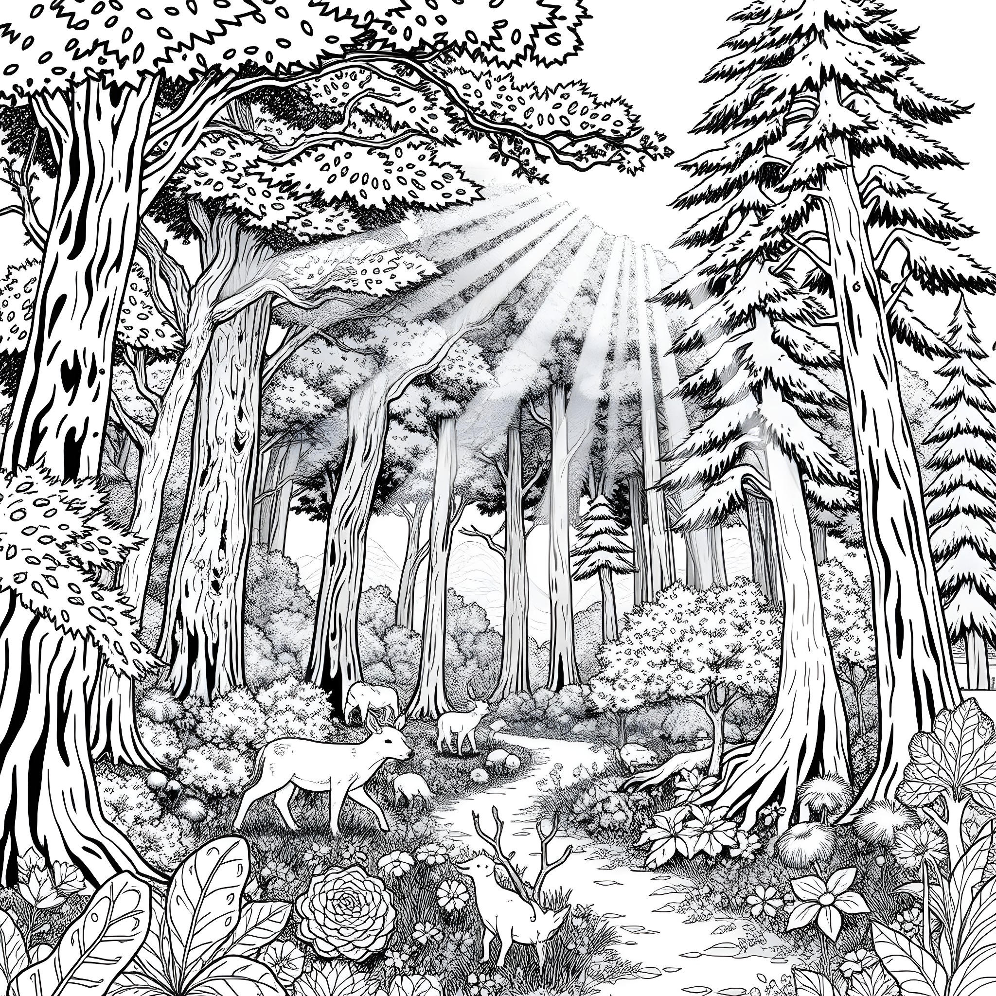 Forest Oasis with Deer and Sunlight Coloring Page (free black-and-white line drawing printable PDF for all, from beginners to advanced learners, including children, teens, adults, and seniors)